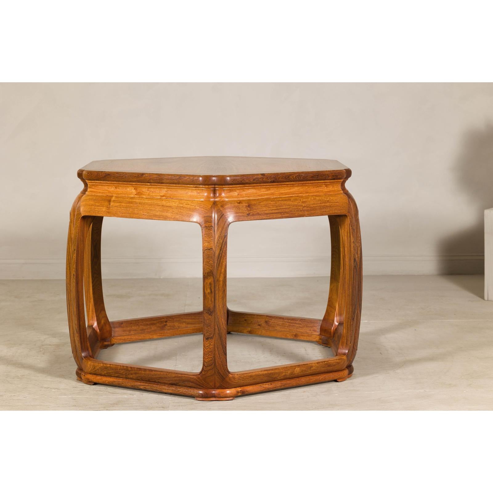Hexagonal Elm Wood Center Table with Sculptural Open Frame Design