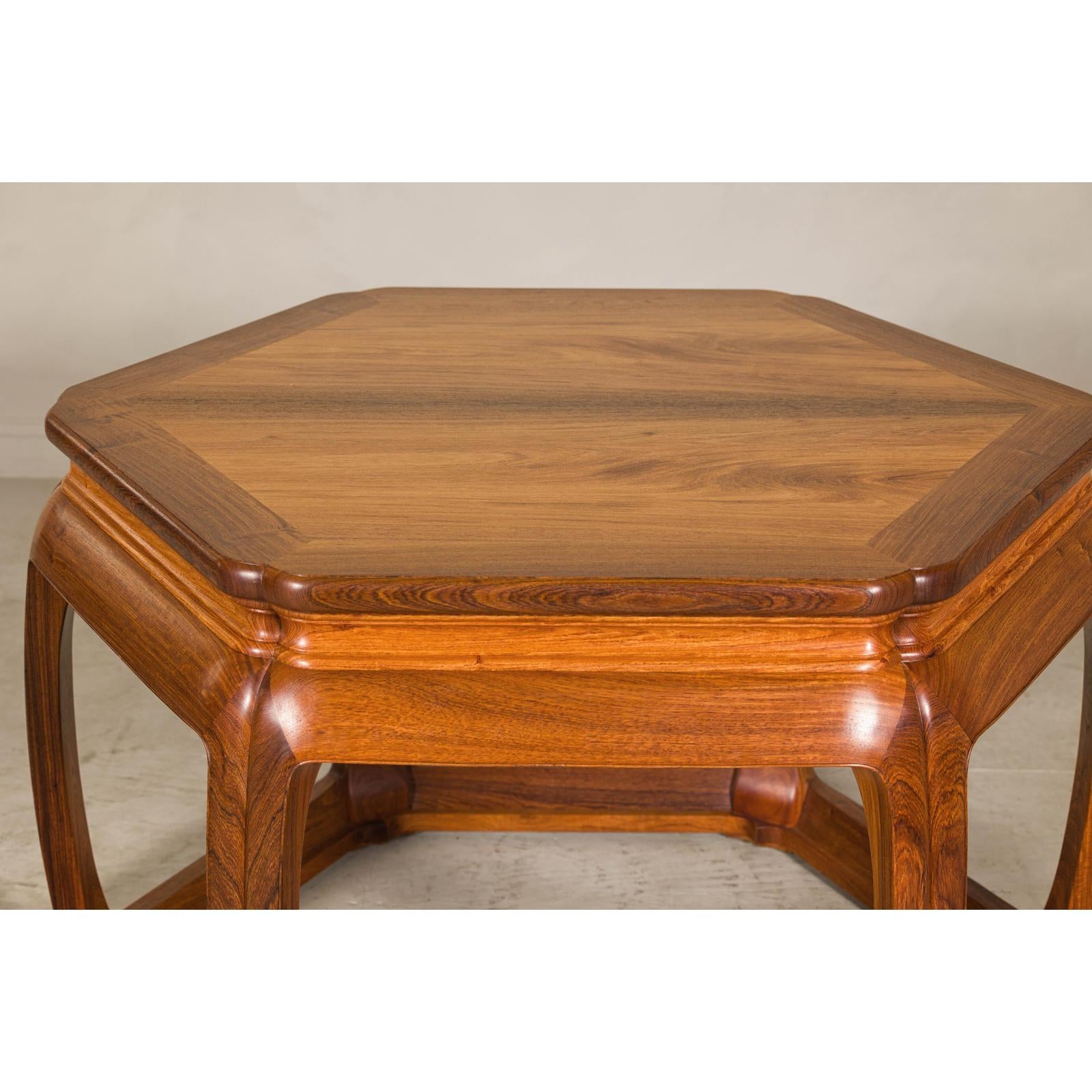 Hexagonal Elm Wood Center Table with Sculptural Open Frame Design