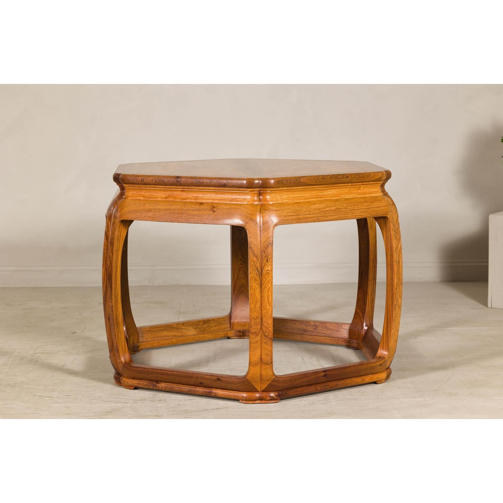 Hexagonal Elm Wood Center Table with Sculptural Open Frame Design