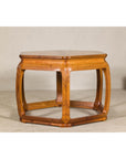 Hexagonal Elm Wood Center Table with Sculptural Open Frame Design