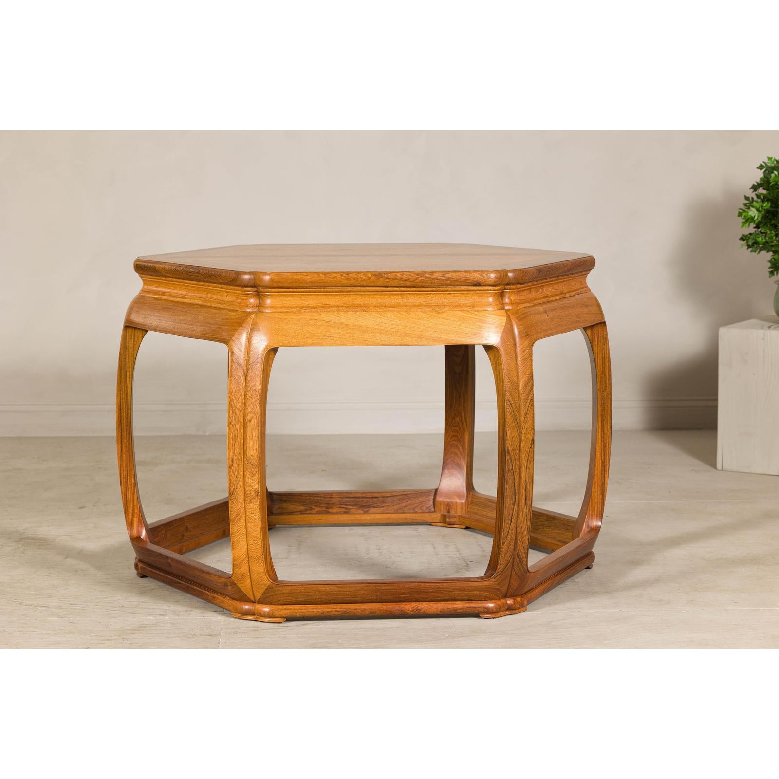 Hexagonal Elm Wood Center Table with Sculptural Open Frame Design