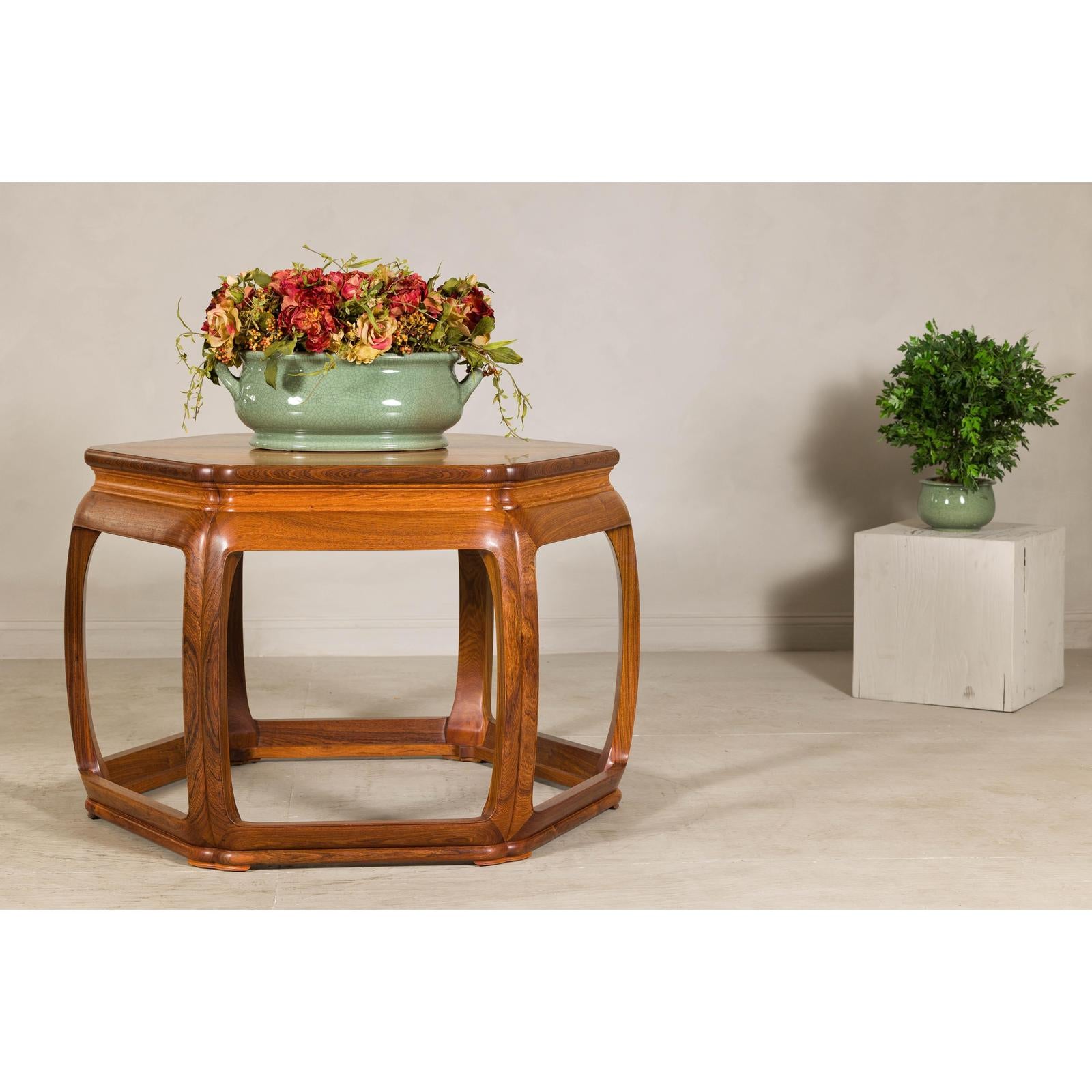 Hexagonal Elm Wood Center Table with Sculptural Open Frame Design