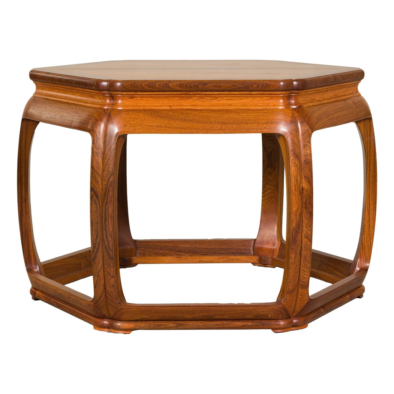 Hexagonal Elm Wood Center Table with Sculptural Open Frame Design