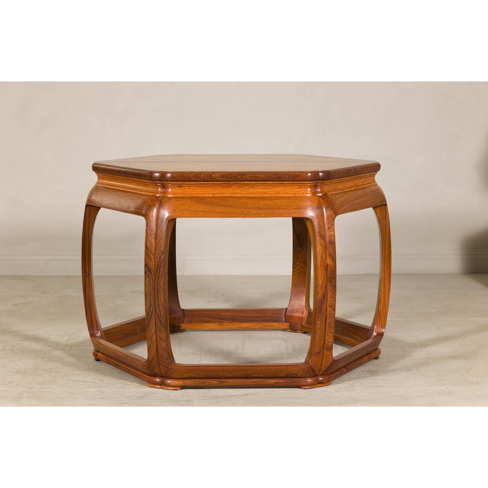 Hexagonal Elm Wood Center Table with Sculptural Open Frame Design