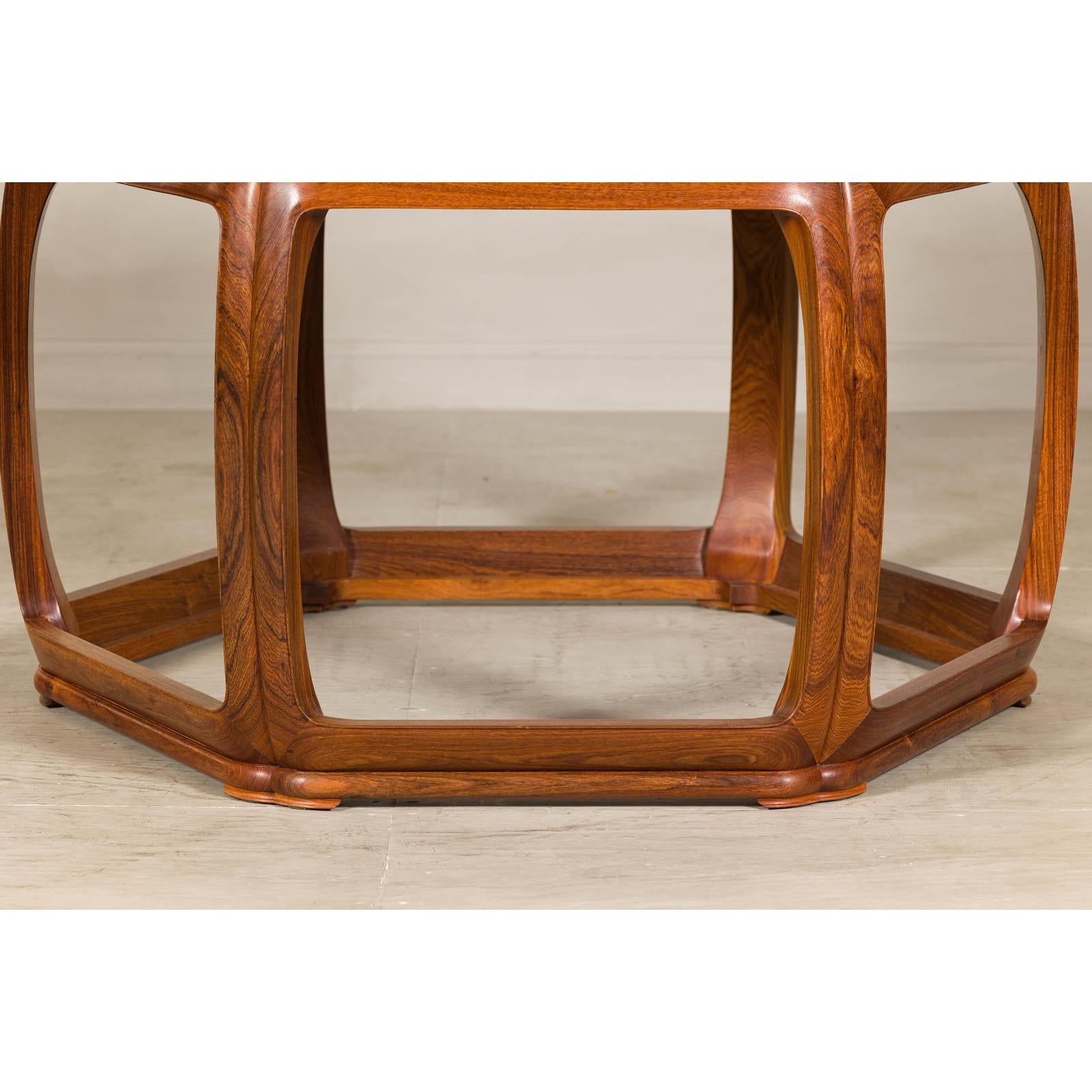 Hexagonal Elm Wood Center Table with Sculptural Open Frame Design