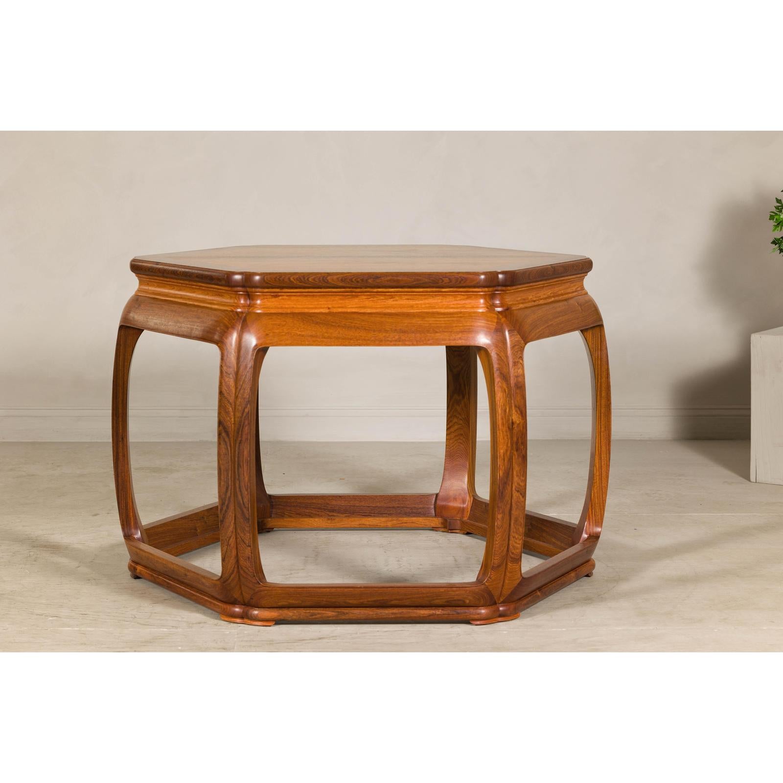 Hexagonal Elm Wood Center Table with Sculptural Open Frame Design