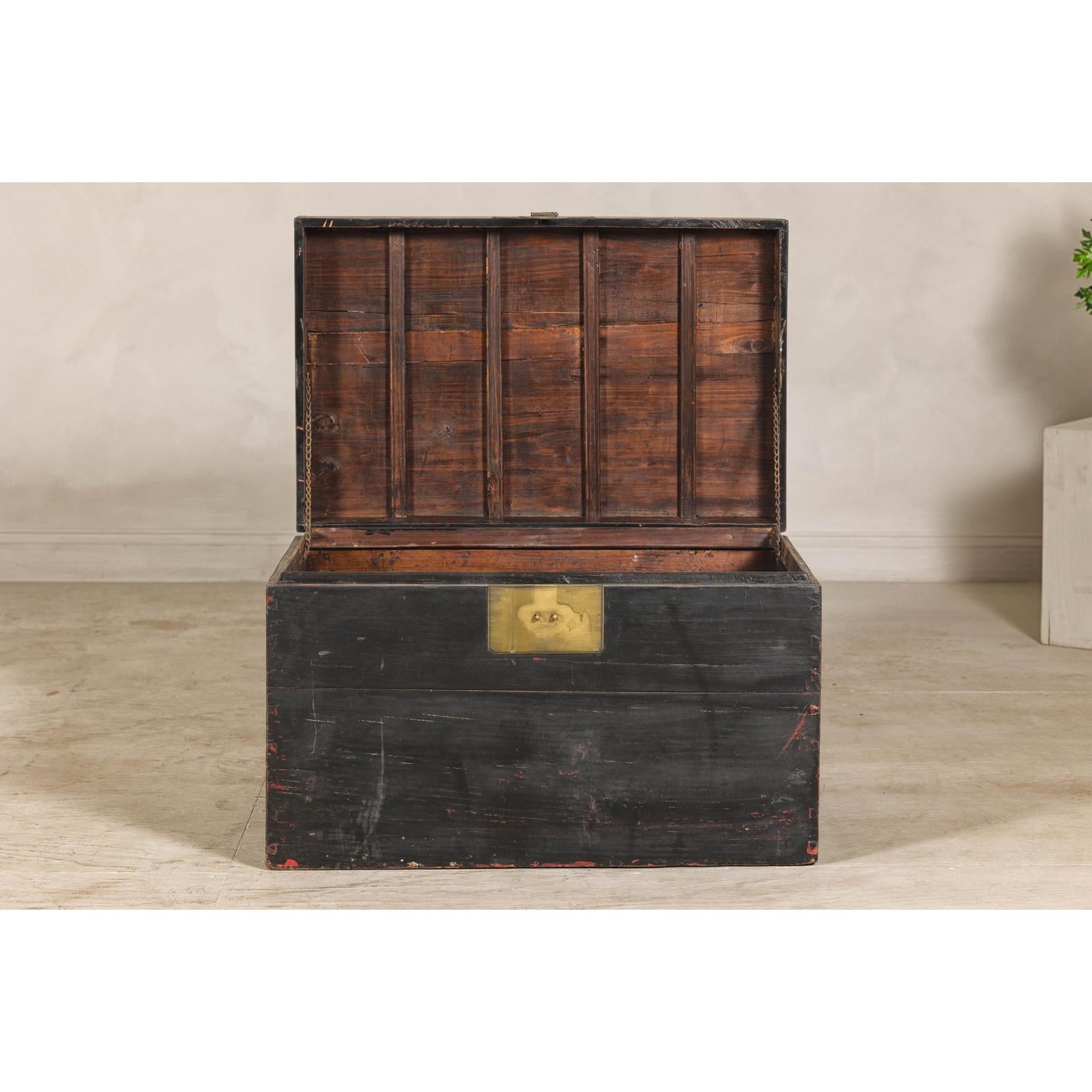 Qing Dynasty Elmwood Blanket Chest with Black Lacquer Finish and Brass Accents