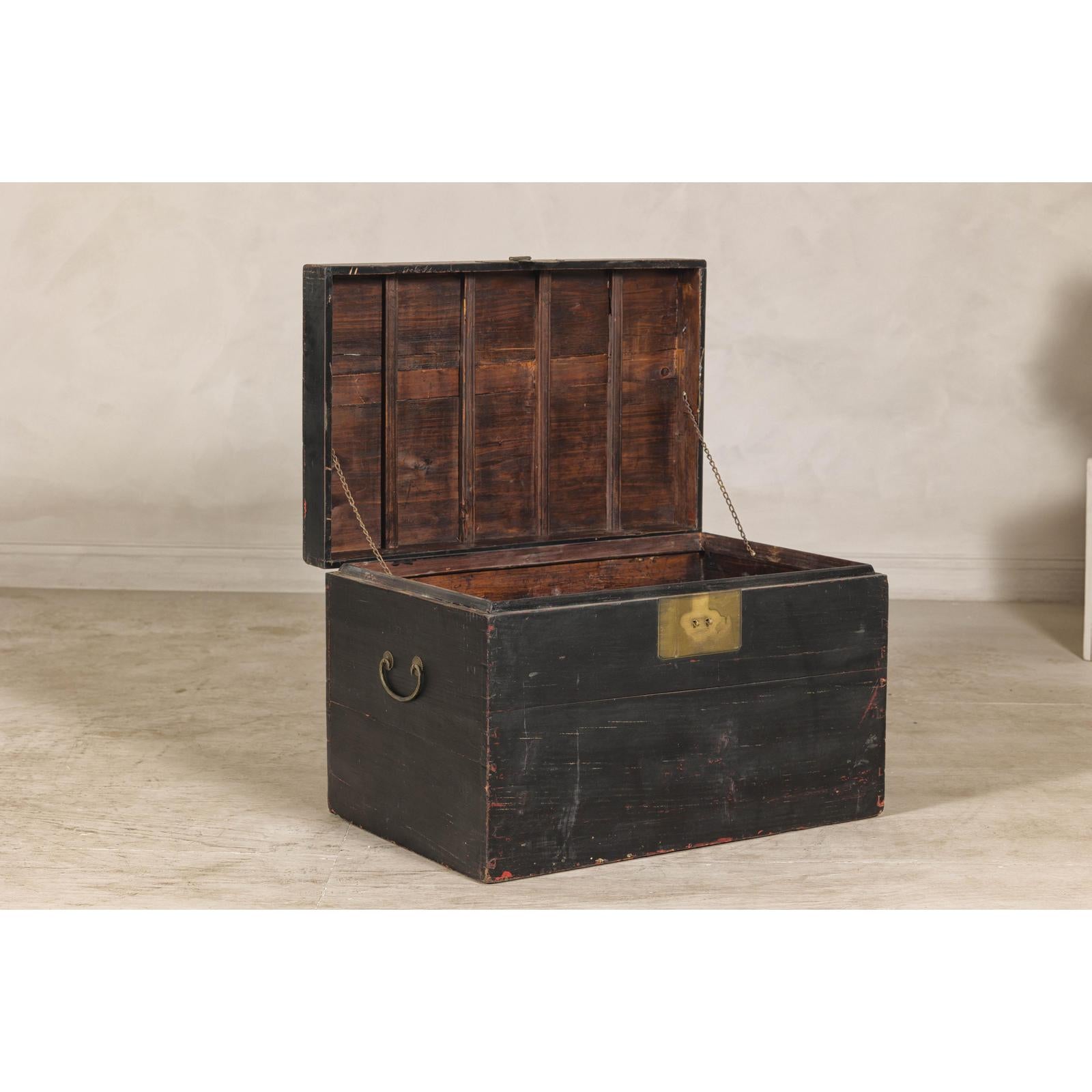 Qing Dynasty Elmwood Blanket Chest with Black Lacquer Finish and Brass Accents