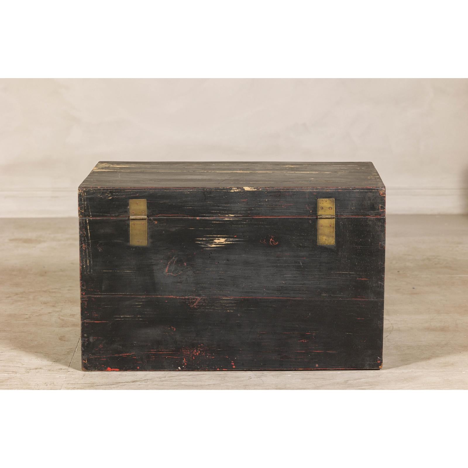 Qing Dynasty Elmwood Blanket Chest with Black Lacquer Finish and Brass Accents