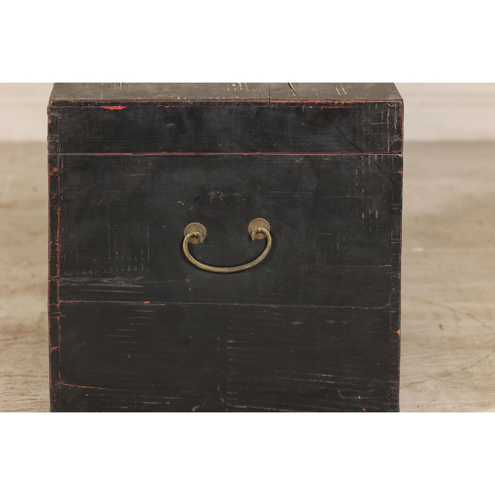 Qing Dynasty Elmwood Blanket Chest with Black Lacquer Finish and Brass Accents