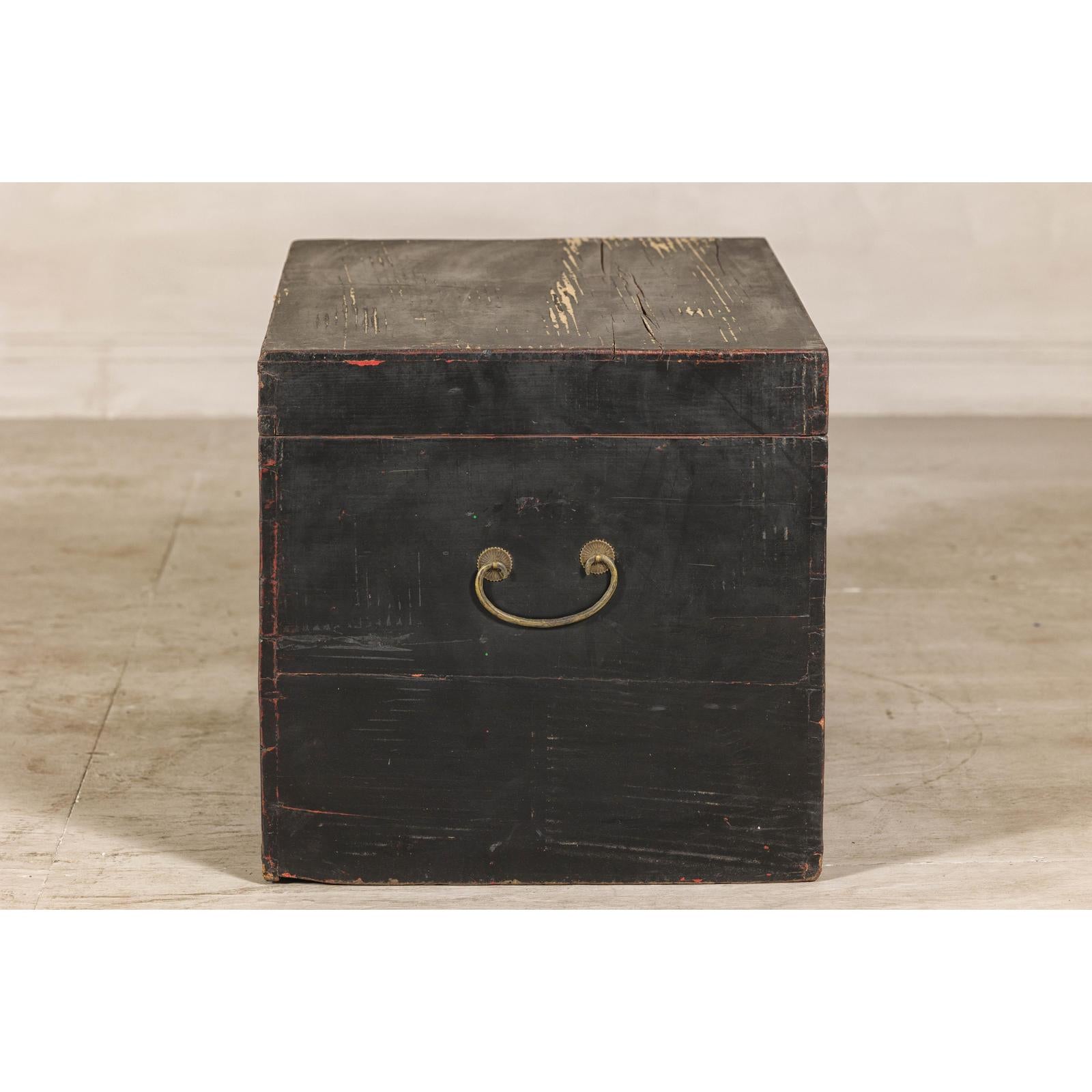 Qing Dynasty Elmwood Blanket Chest with Black Lacquer Finish and Brass Accents