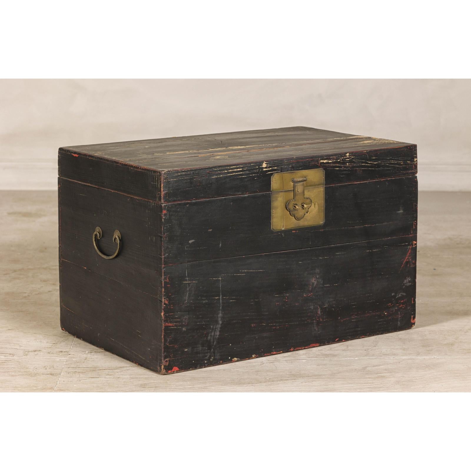 Qing Dynasty Elmwood Blanket Chest with Black Lacquer Finish and Brass Accents