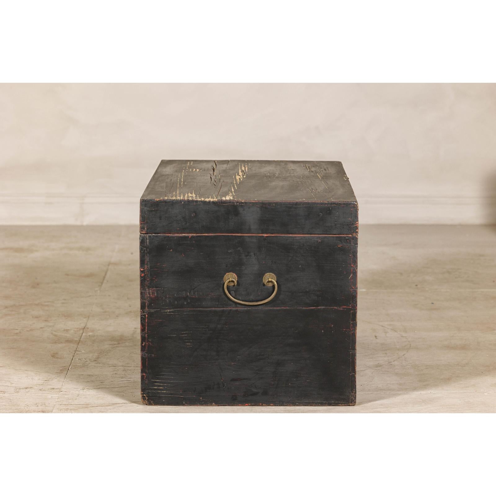 Qing Dynasty Elmwood Blanket Chest with Black Lacquer Finish and Brass Accents