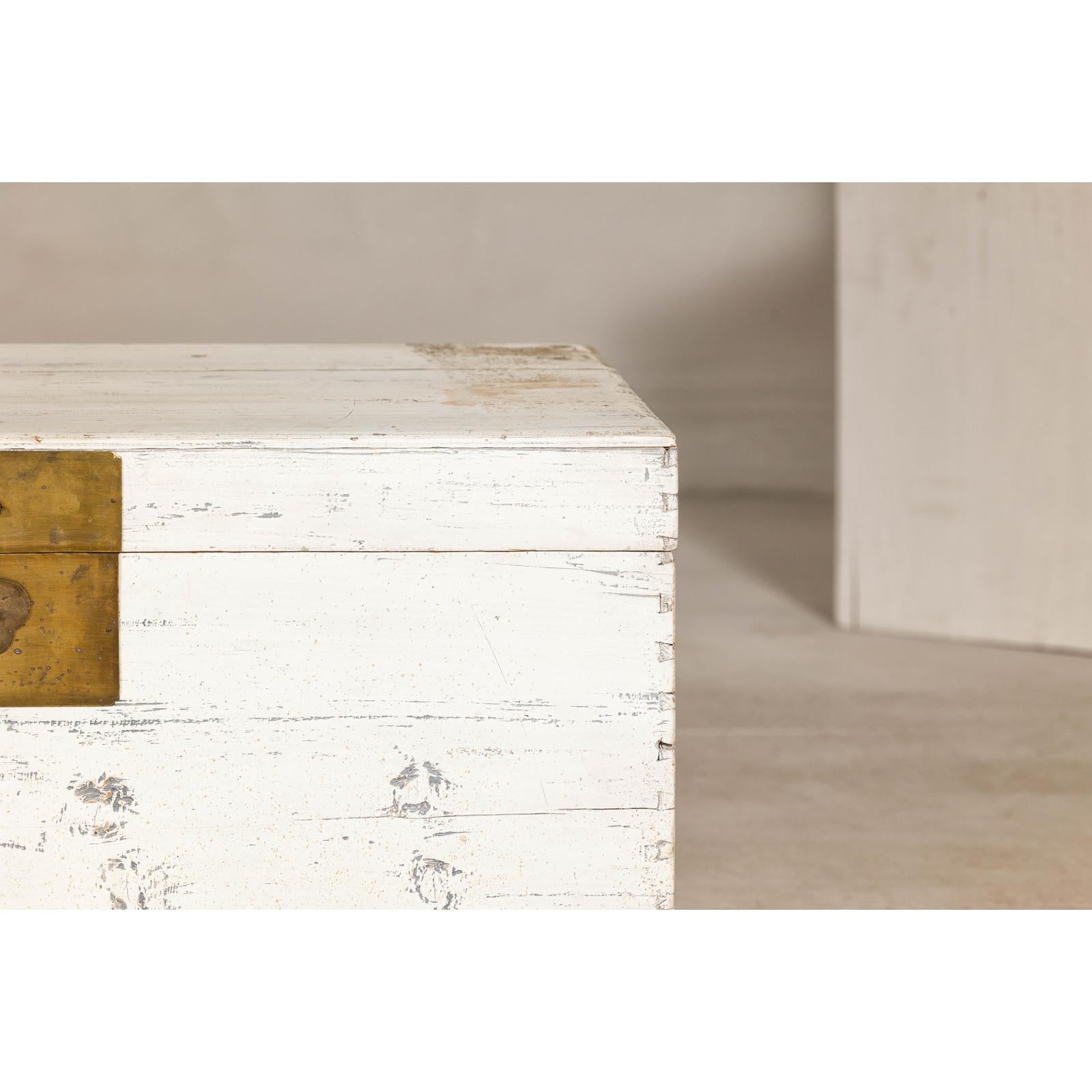Vintage White Weathered Blanket Chest with Brass Hardware, Storage Piece