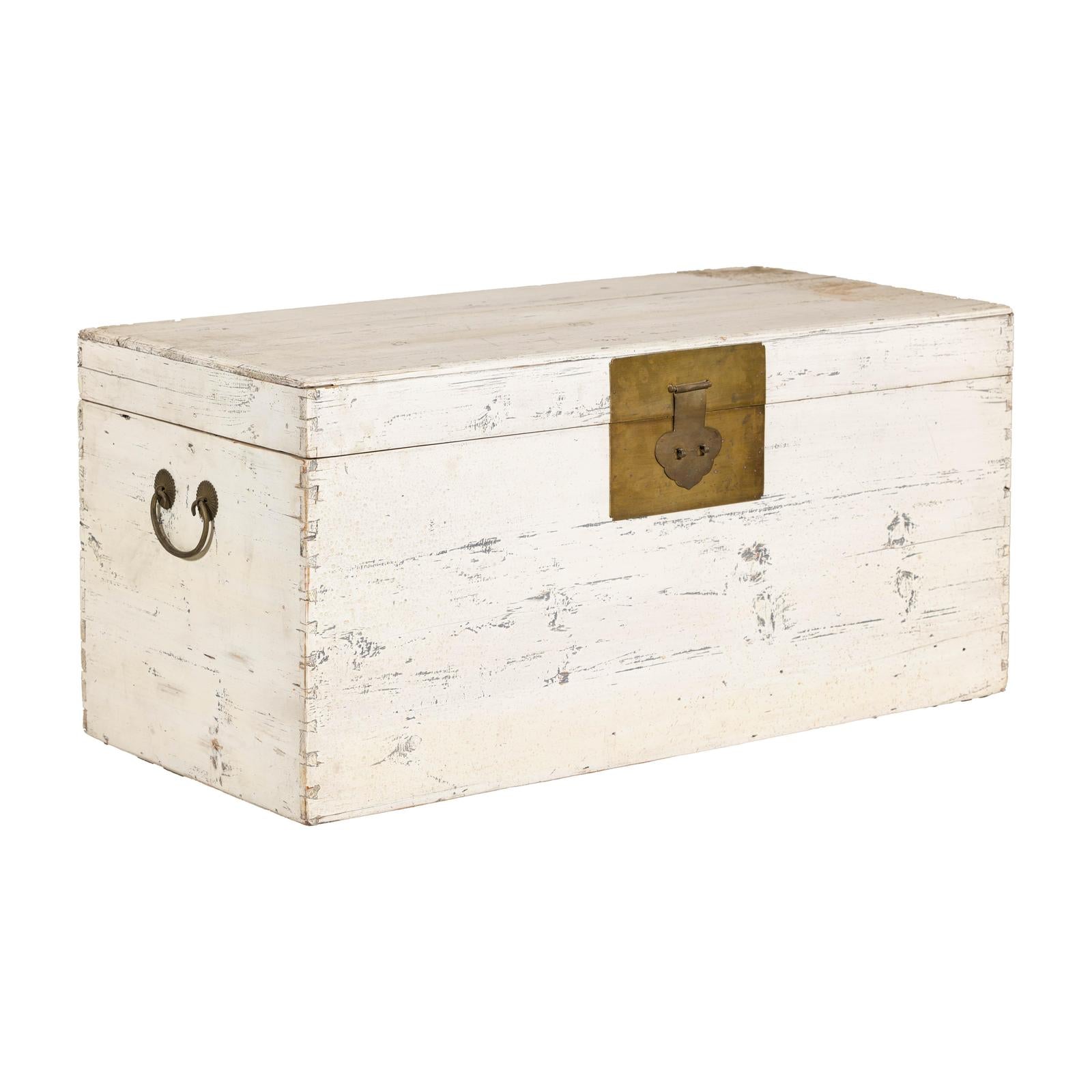 Vintage White Weathered Blanket Chest with Brass Hardware, Storage Piece