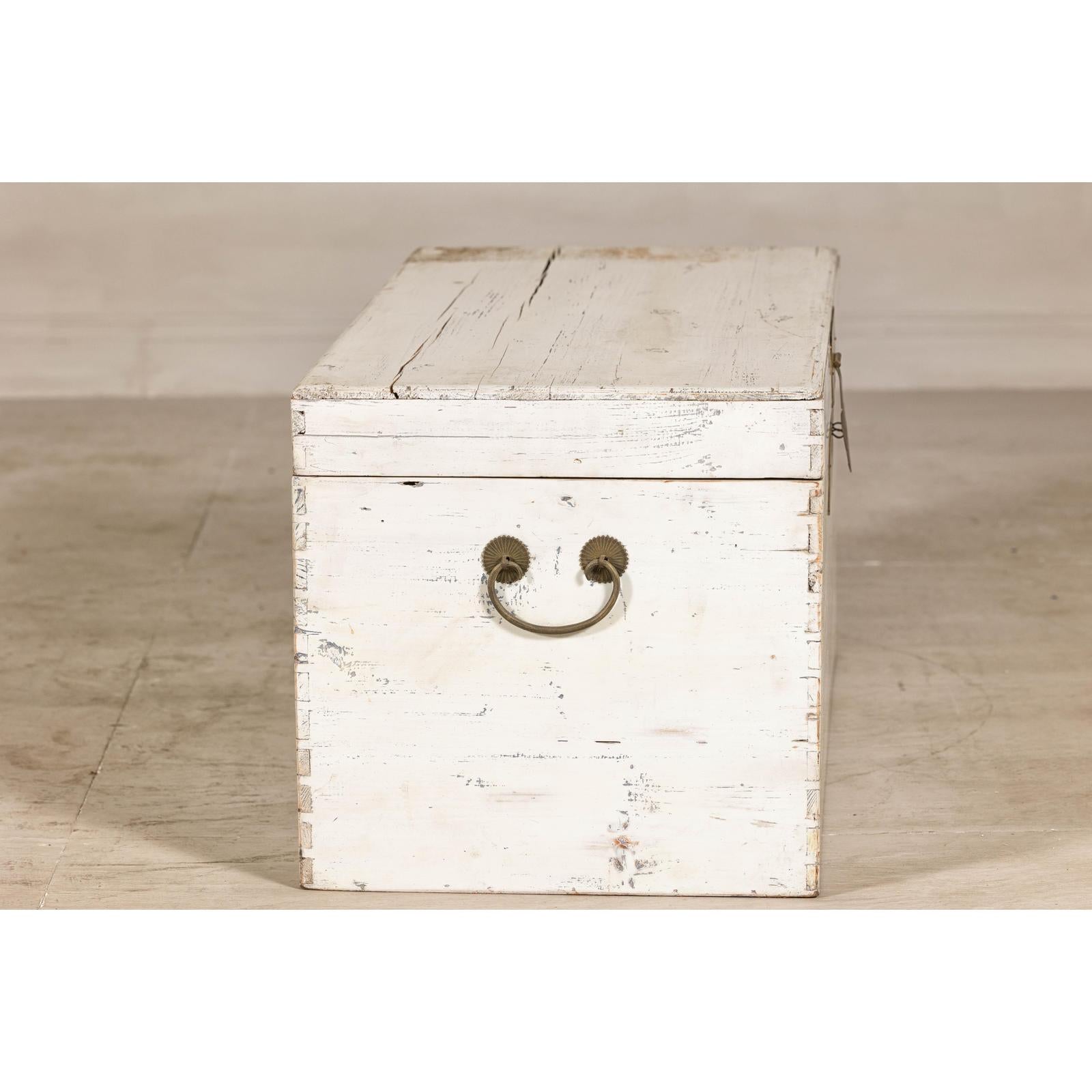 Vintage White Weathered Blanket Chest with Brass Hardware, Storage Piece