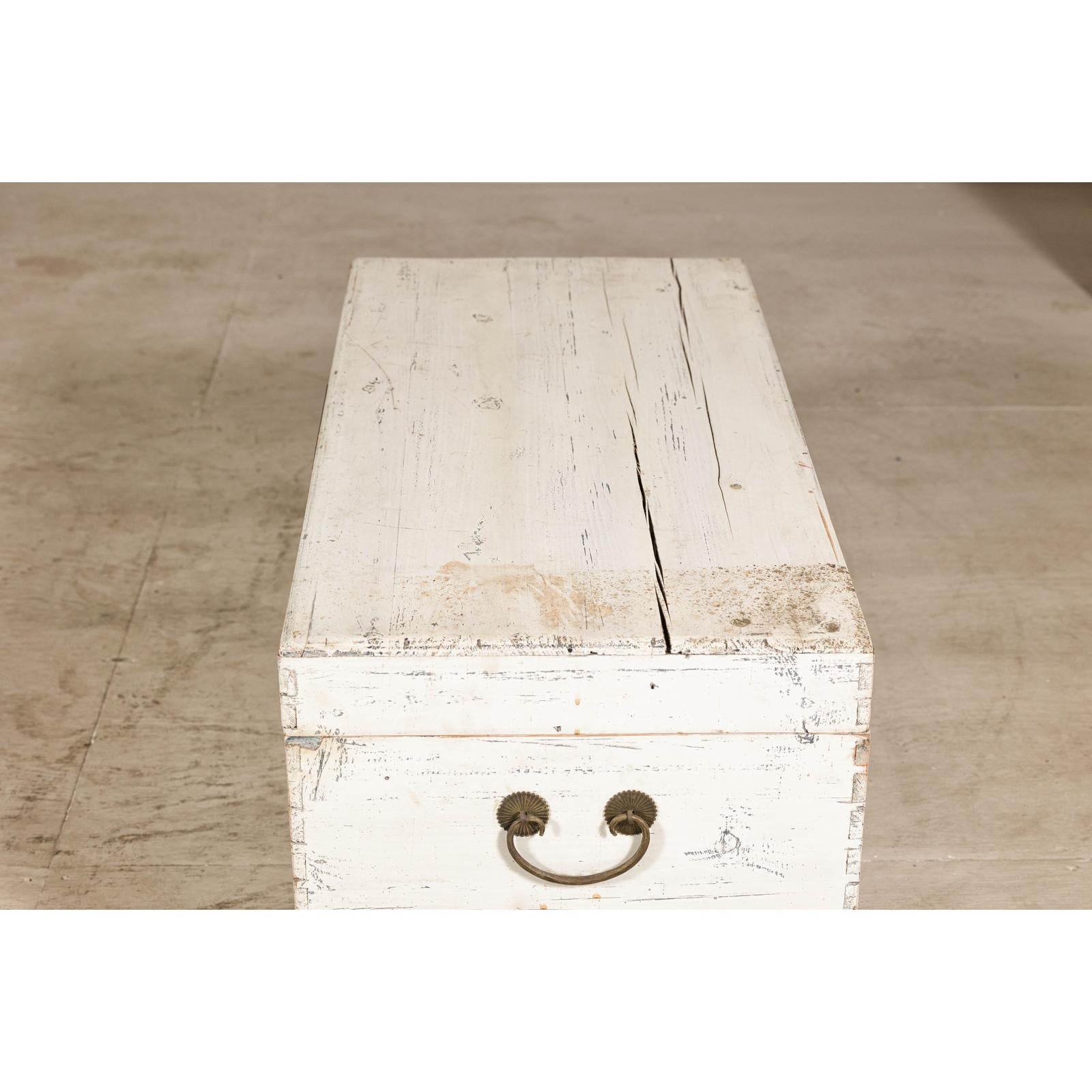 Vintage White Weathered Blanket Chest with Brass Hardware, Storage Piece