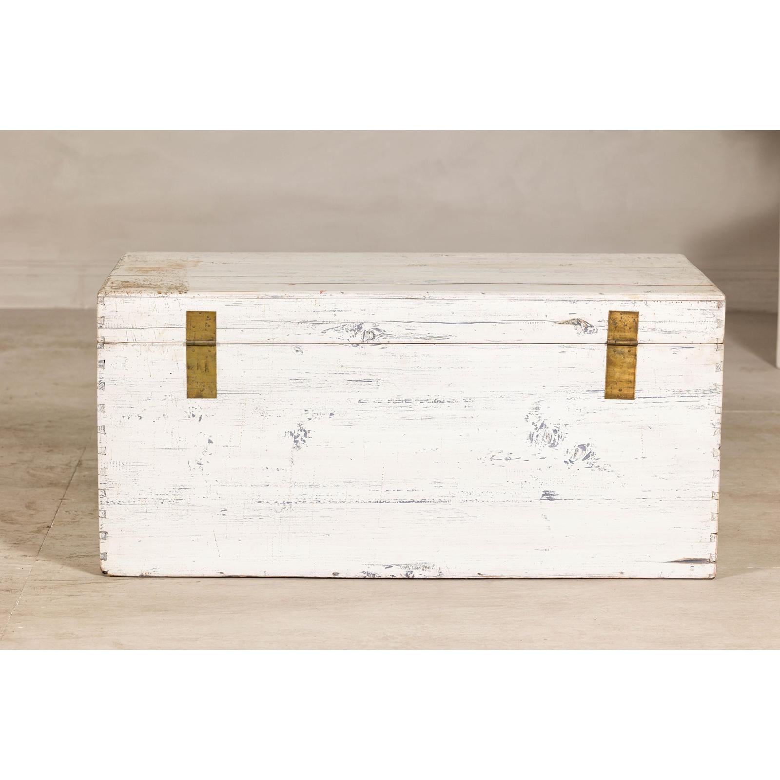Vintage White Weathered Blanket Chest with Brass Hardware, Storage Piece