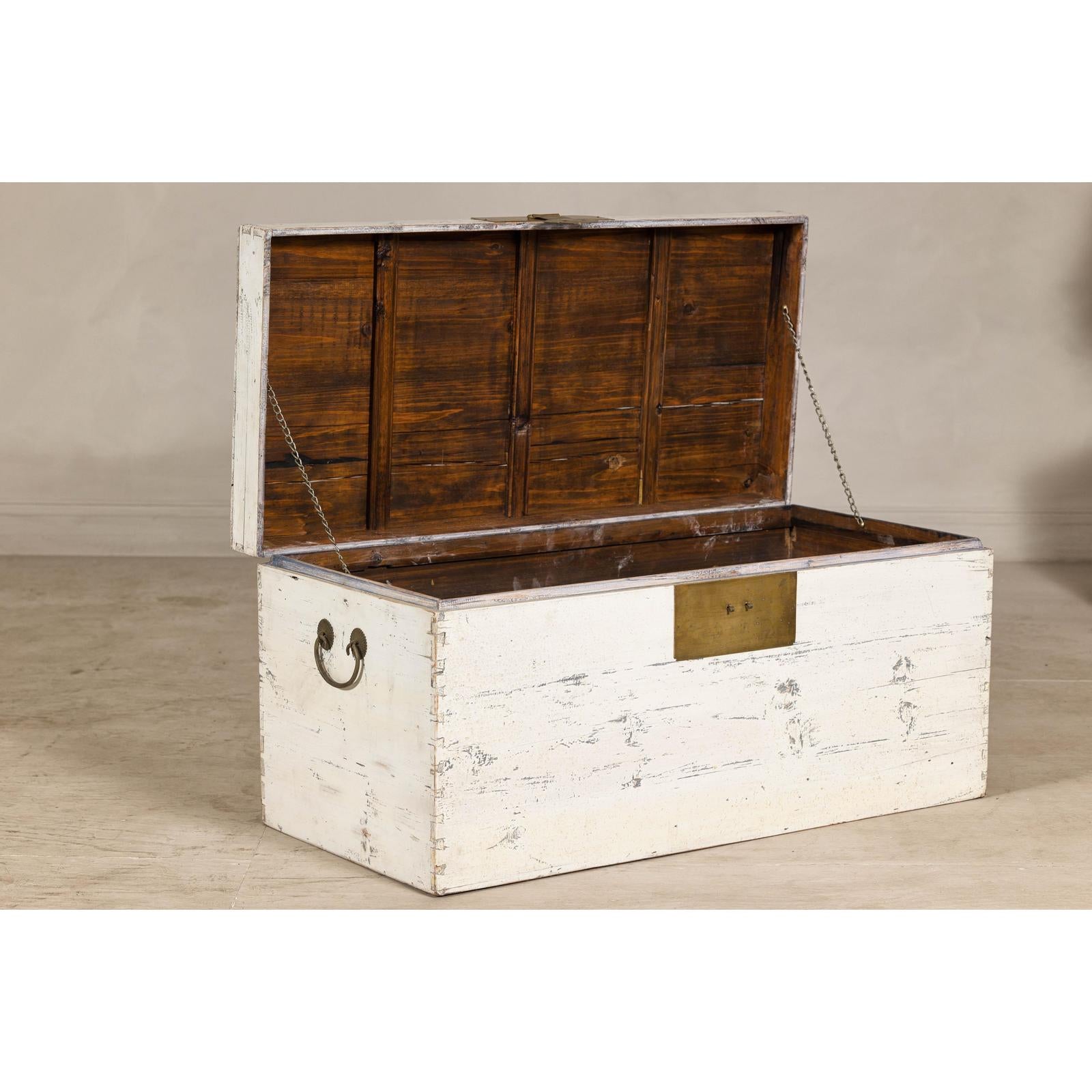 Vintage White Weathered Blanket Chest with Brass Hardware, Storage Piece