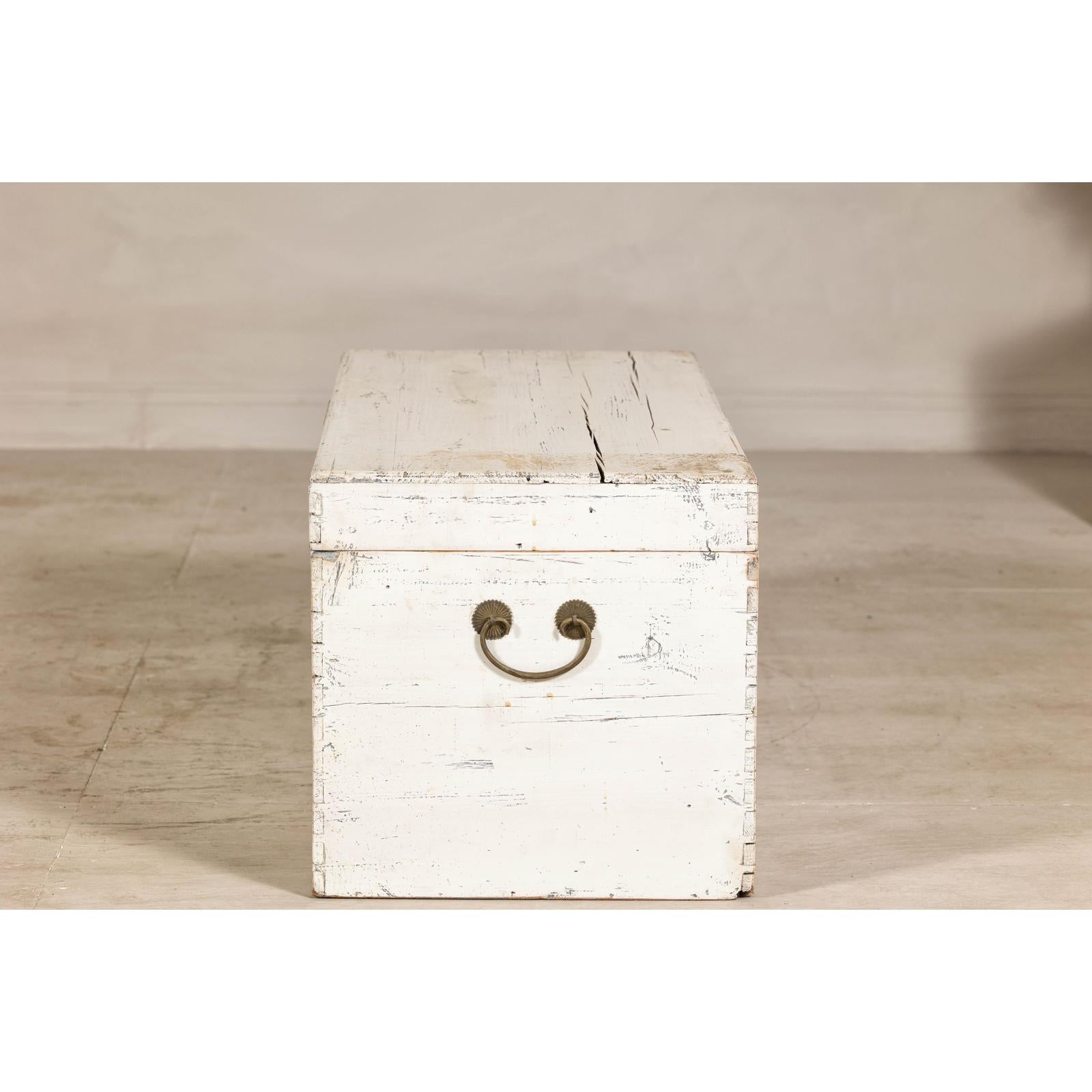 Vintage White Weathered Blanket Chest with Brass Hardware, Storage Piece