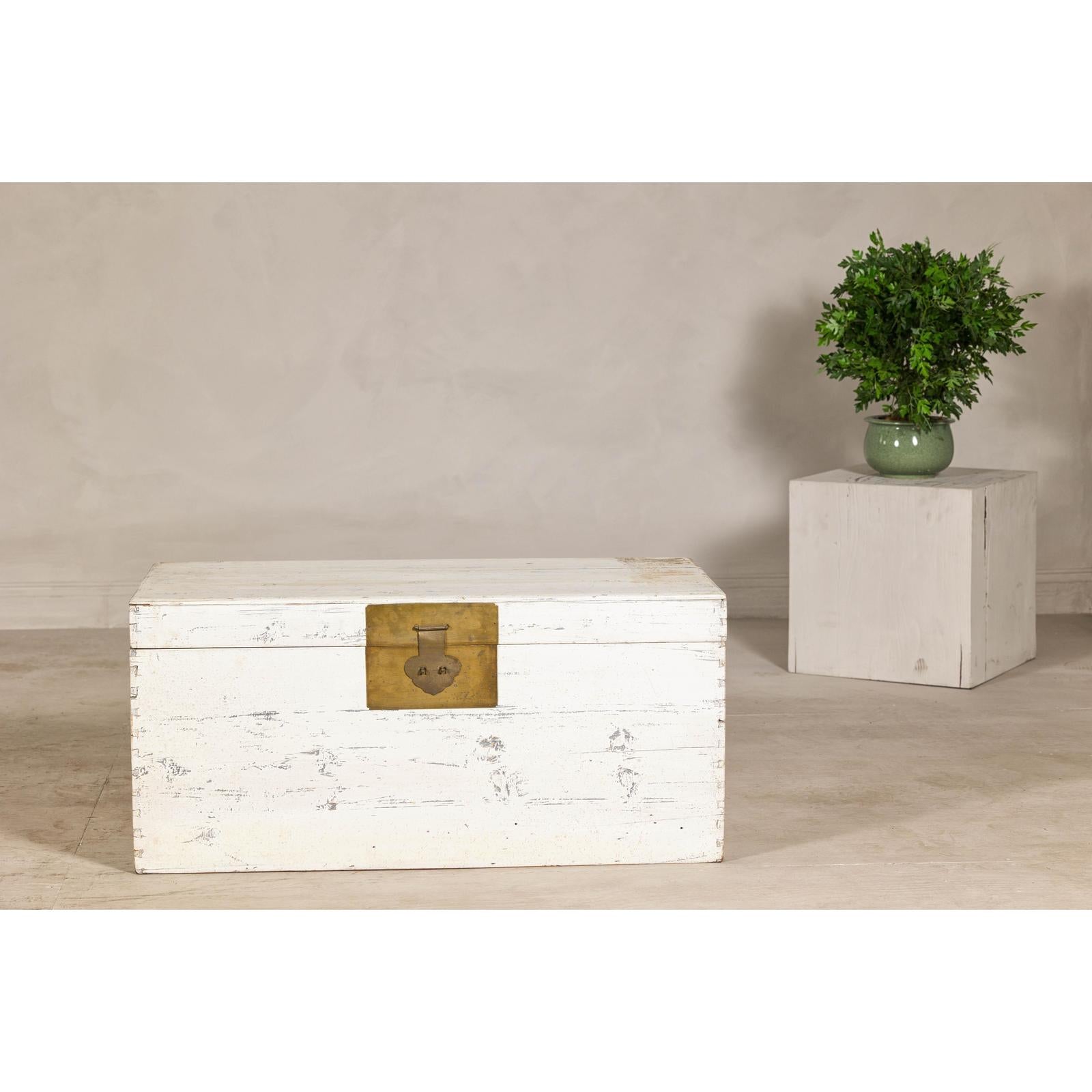 Vintage White Weathered Blanket Chest with Brass Hardware, Storage Piece