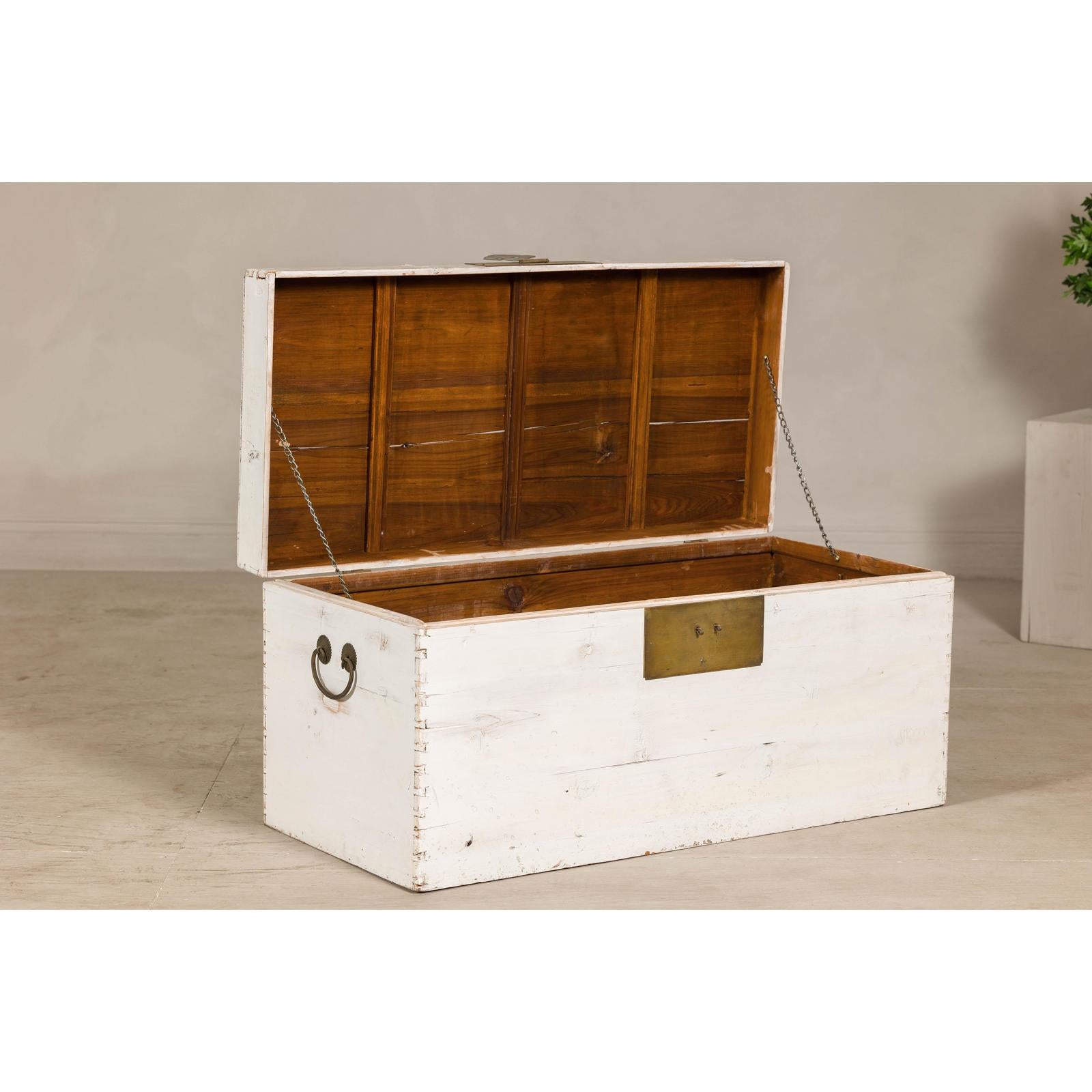 Midcentury Whitewashed Blanket Chest with Brass Hardware and Storage
