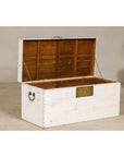 Midcentury Whitewashed Blanket Chest with Brass Hardware and Storage