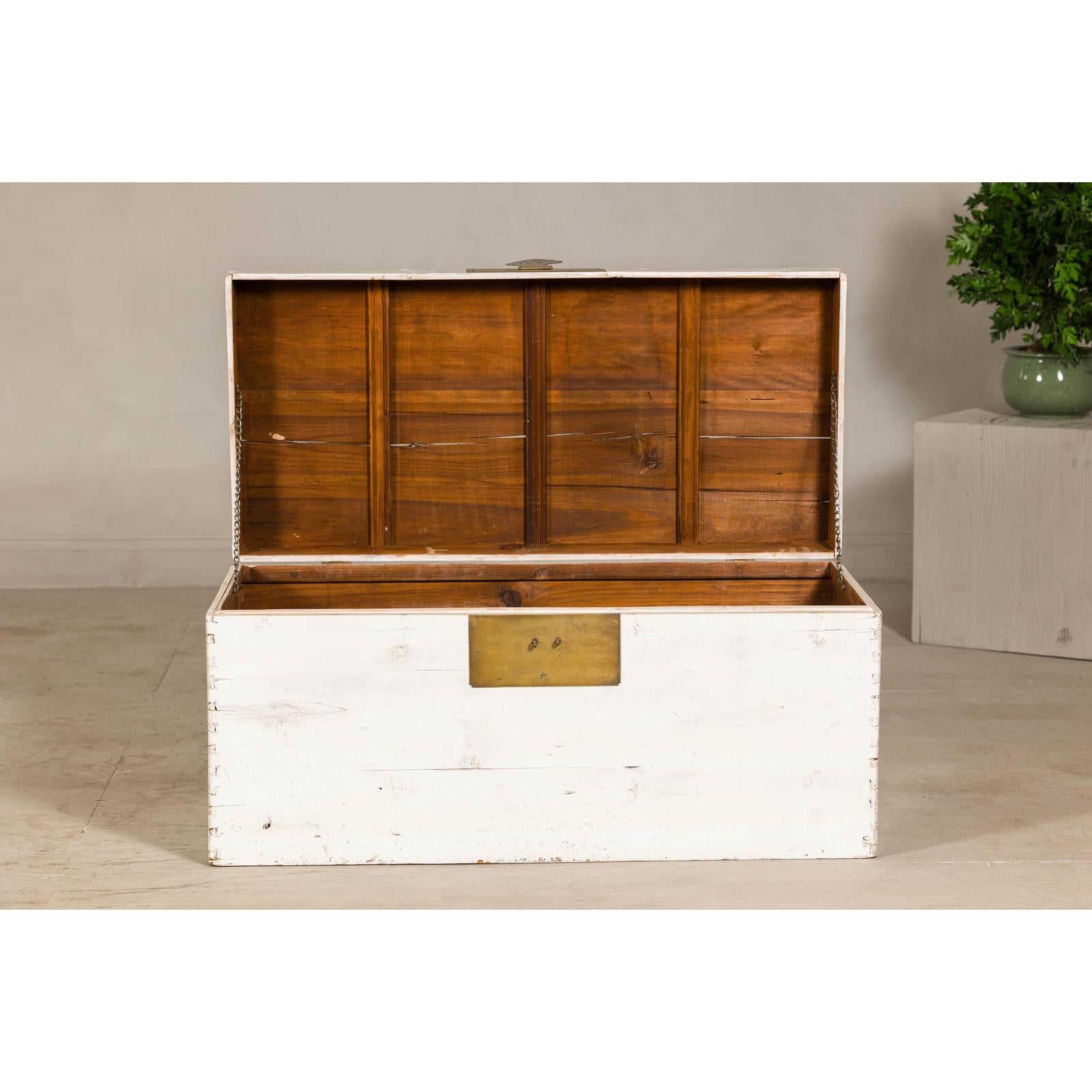 Midcentury Whitewashed Blanket Chest with Brass Hardware and Storage
