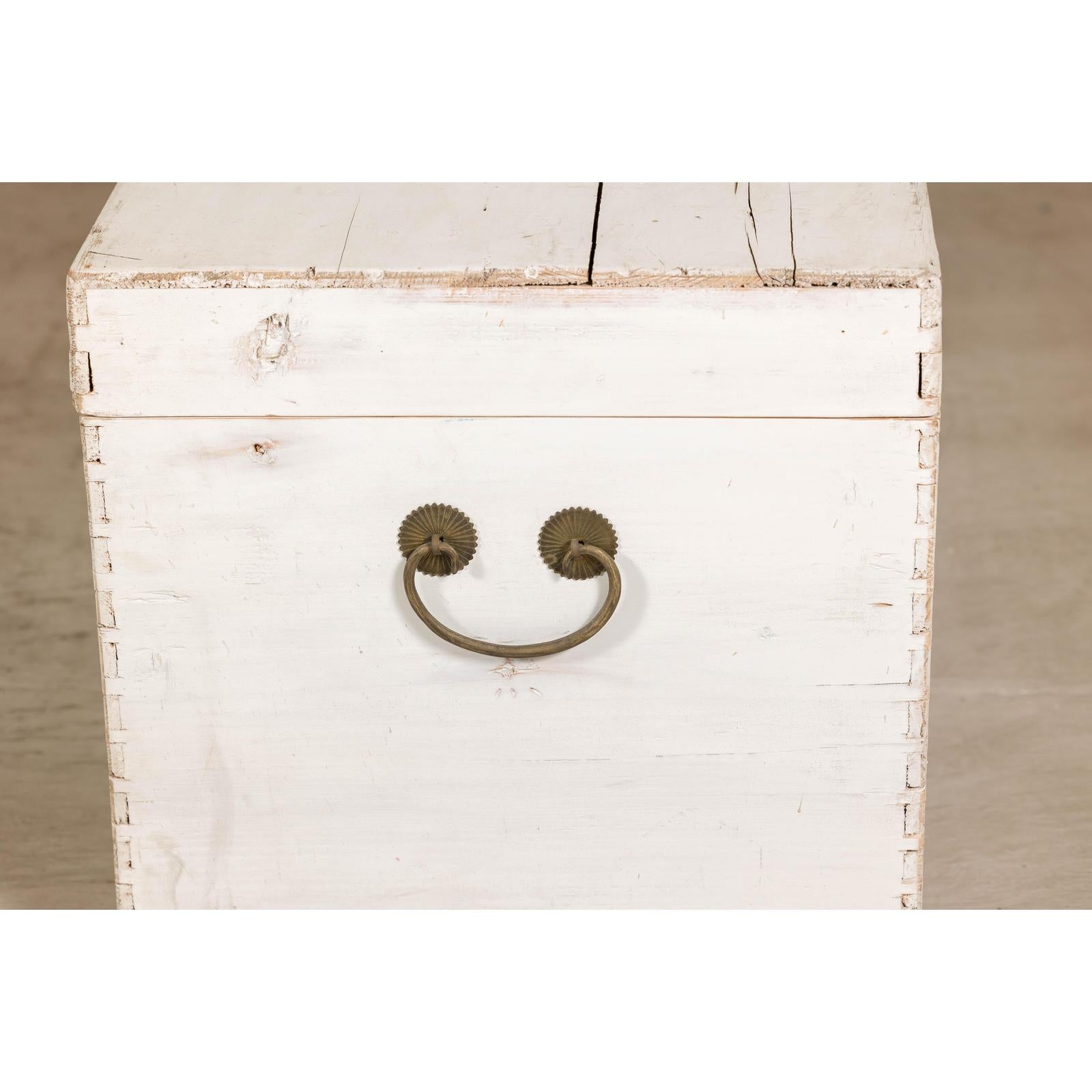 Midcentury Whitewashed Blanket Chest with Brass Hardware and Storage