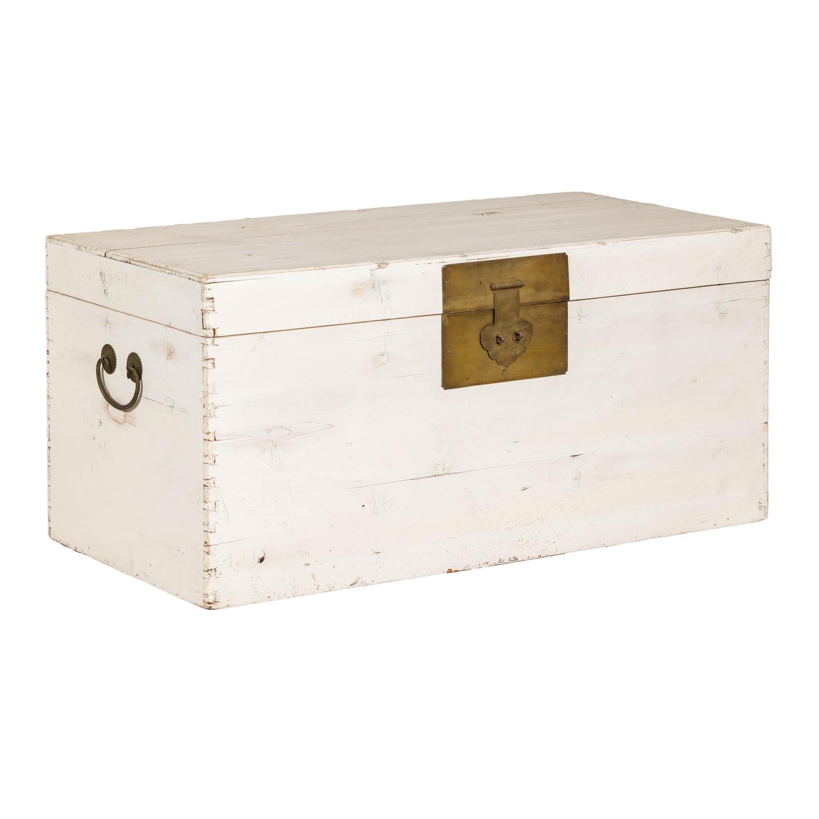 Midcentury Whitewashed Blanket Chest with Brass Hardware and Storage