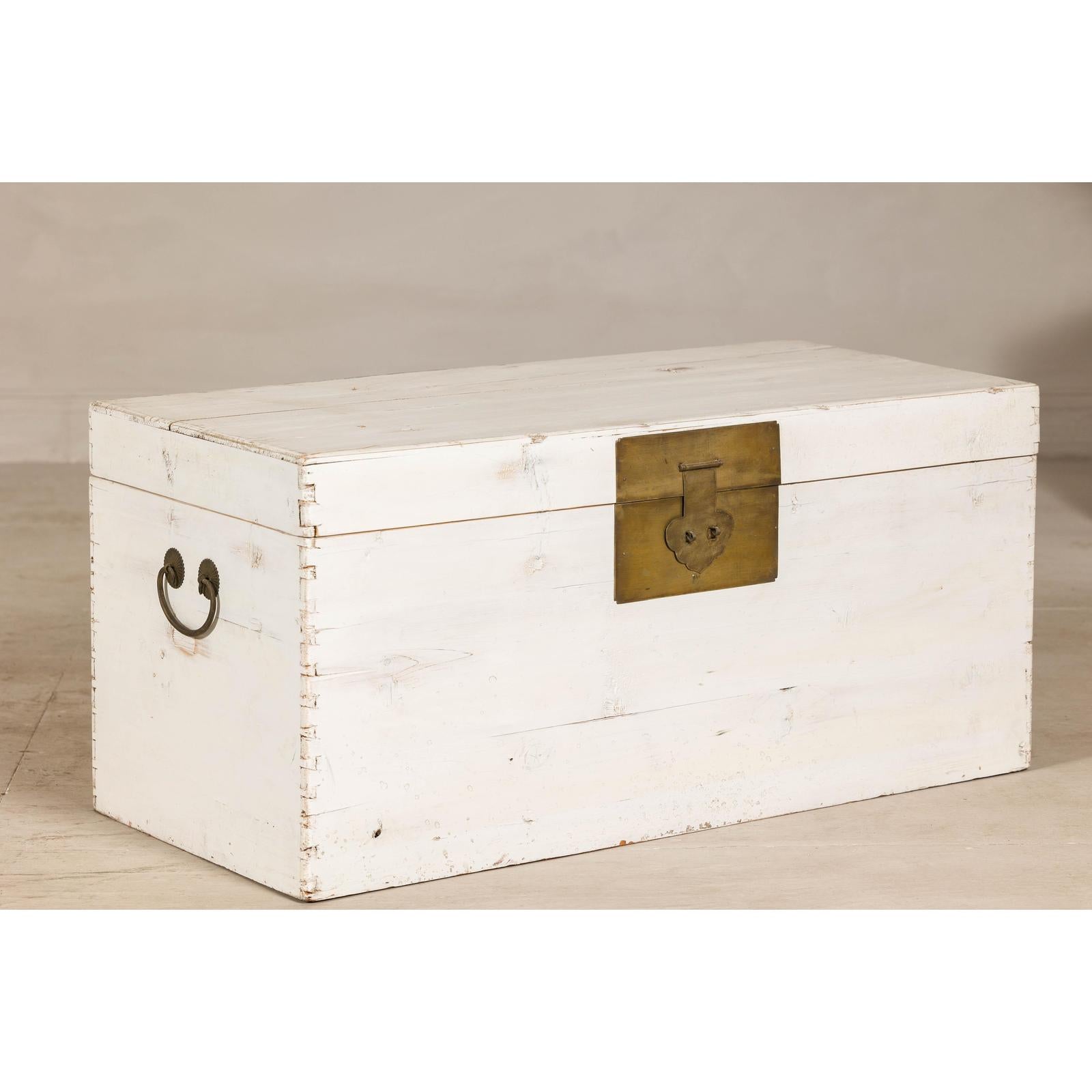 Midcentury Whitewashed Blanket Chest with Brass Hardware and Storage