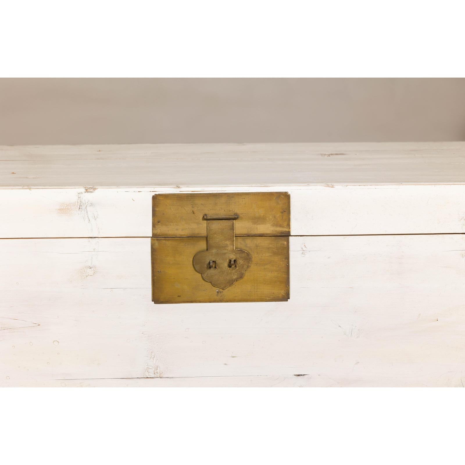 Midcentury Whitewashed Blanket Chest with Brass Hardware and Storage