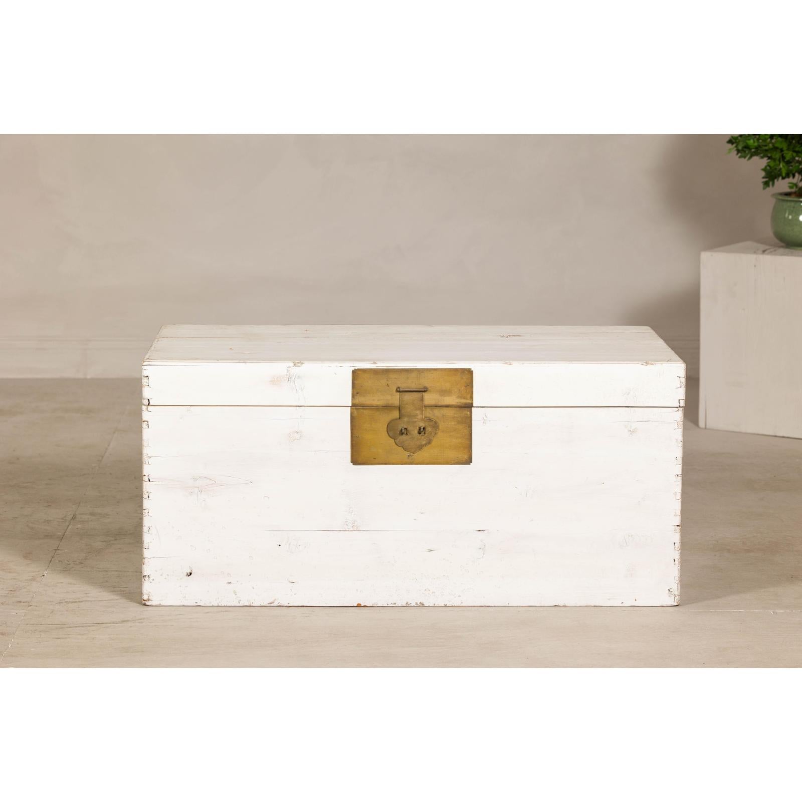 Midcentury Whitewashed Blanket Chest with Brass Hardware and Storage