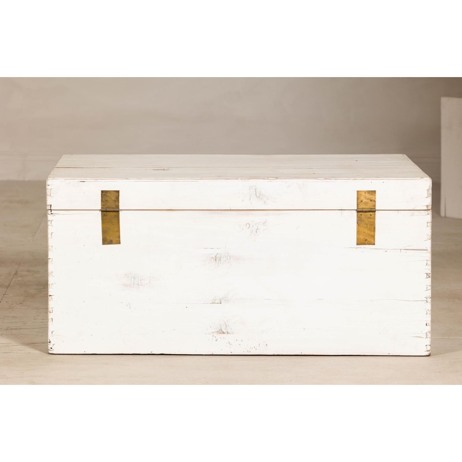 Midcentury Whitewashed Blanket Chest with Brass Hardware and Storage