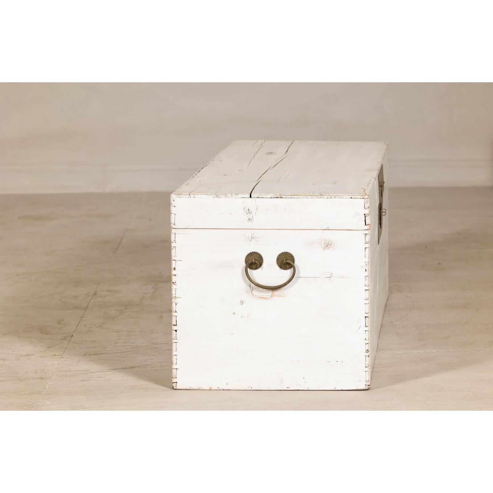 Midcentury Whitewashed Blanket Chest with Brass Hardware and Storage
