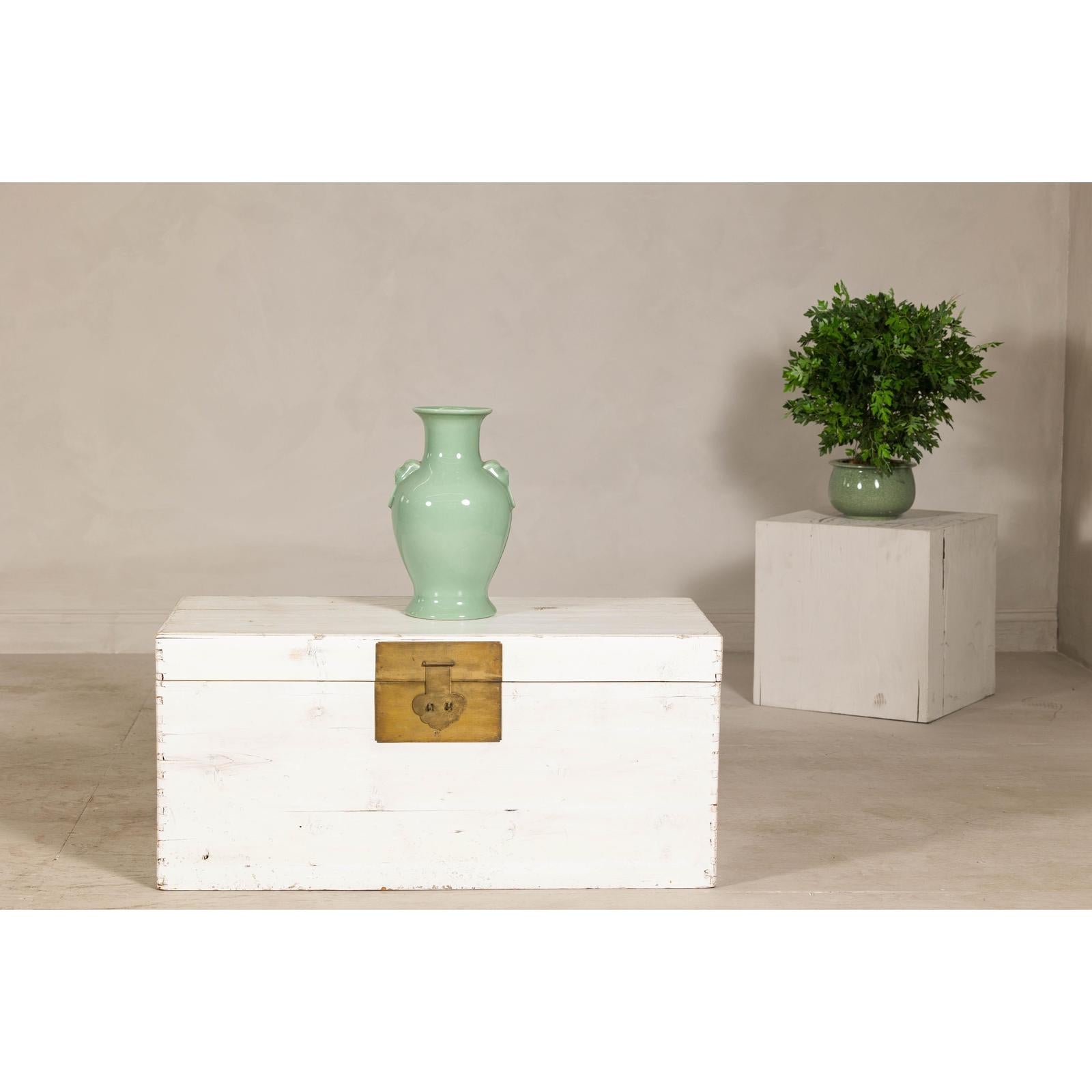 Midcentury Whitewashed Blanket Chest with Brass Hardware and Storage