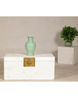 Midcentury Whitewashed Blanket Chest with Brass Hardware and Storage