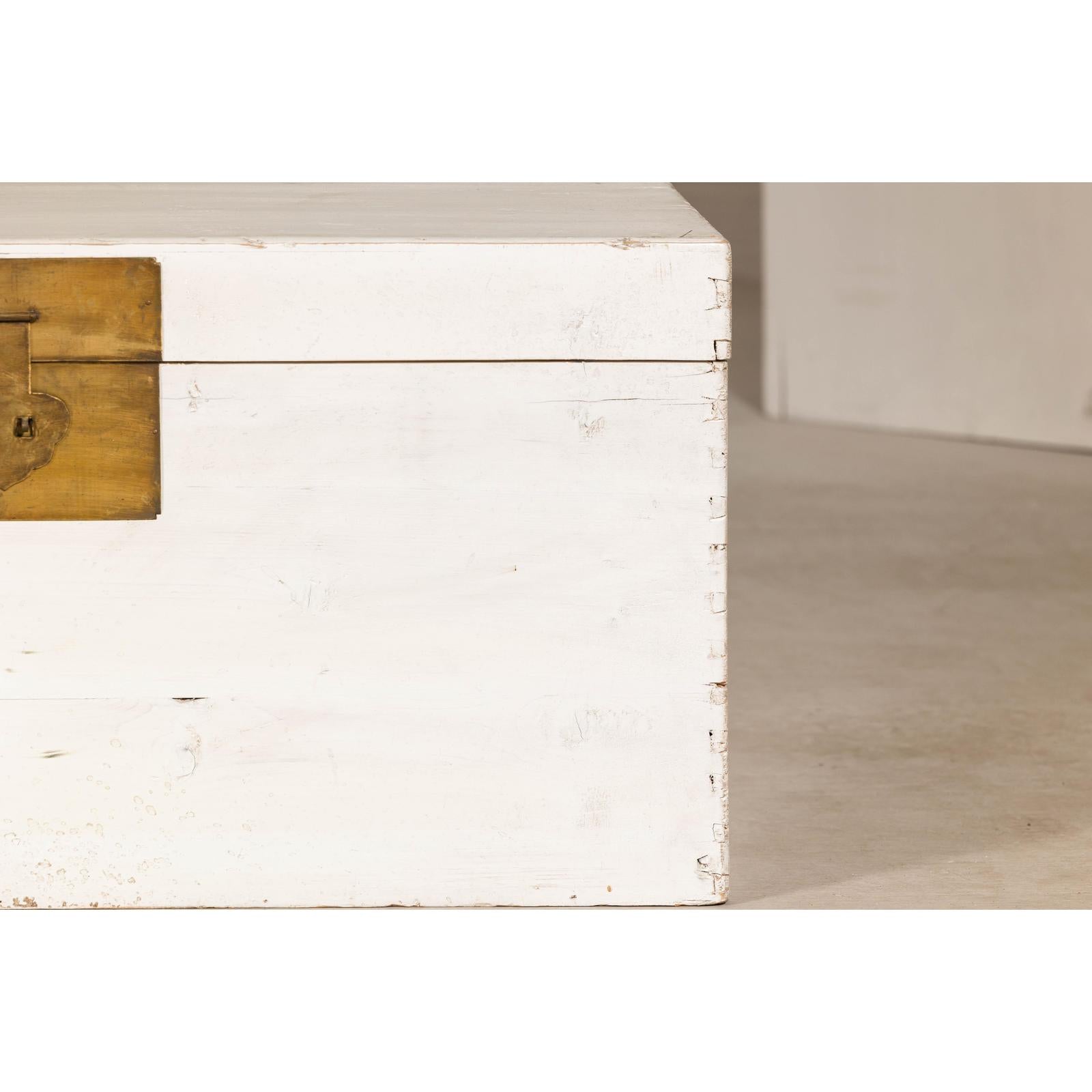 Midcentury Whitewashed Blanket Chest with Brass Hardware and Storage
