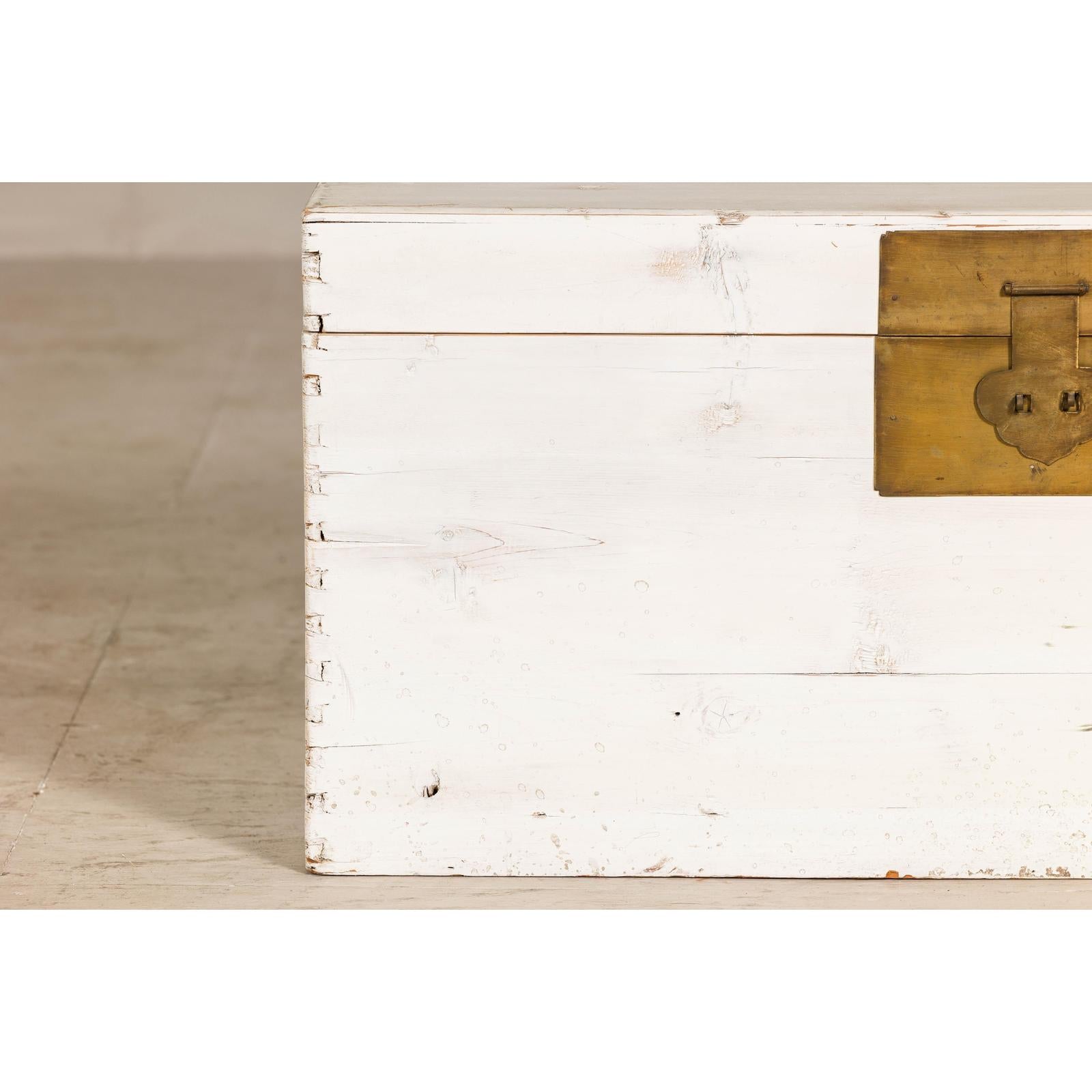 Midcentury Whitewashed Blanket Chest with Brass Hardware and Storage