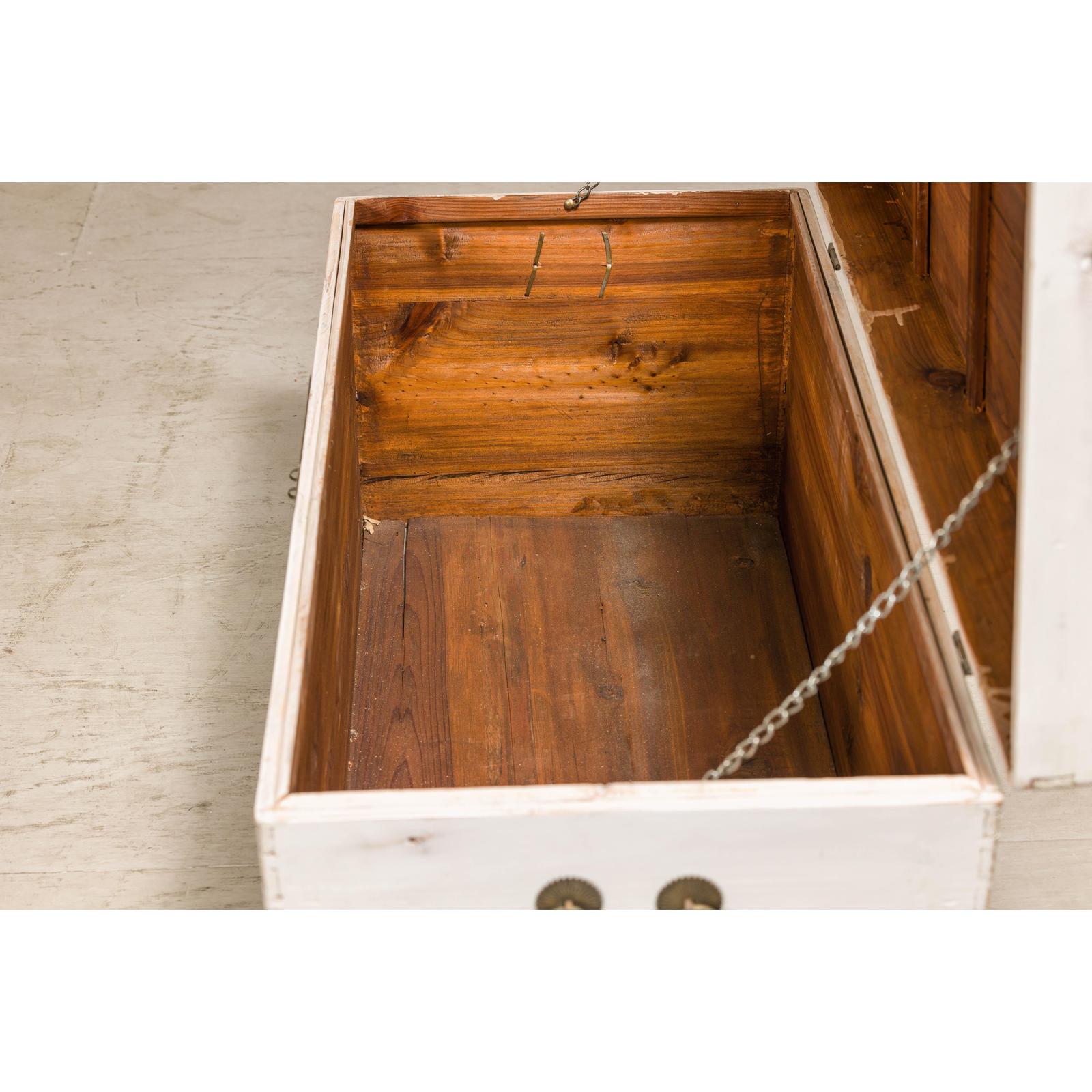 Midcentury Whitewashed Blanket Chest with Brass Hardware and Storage