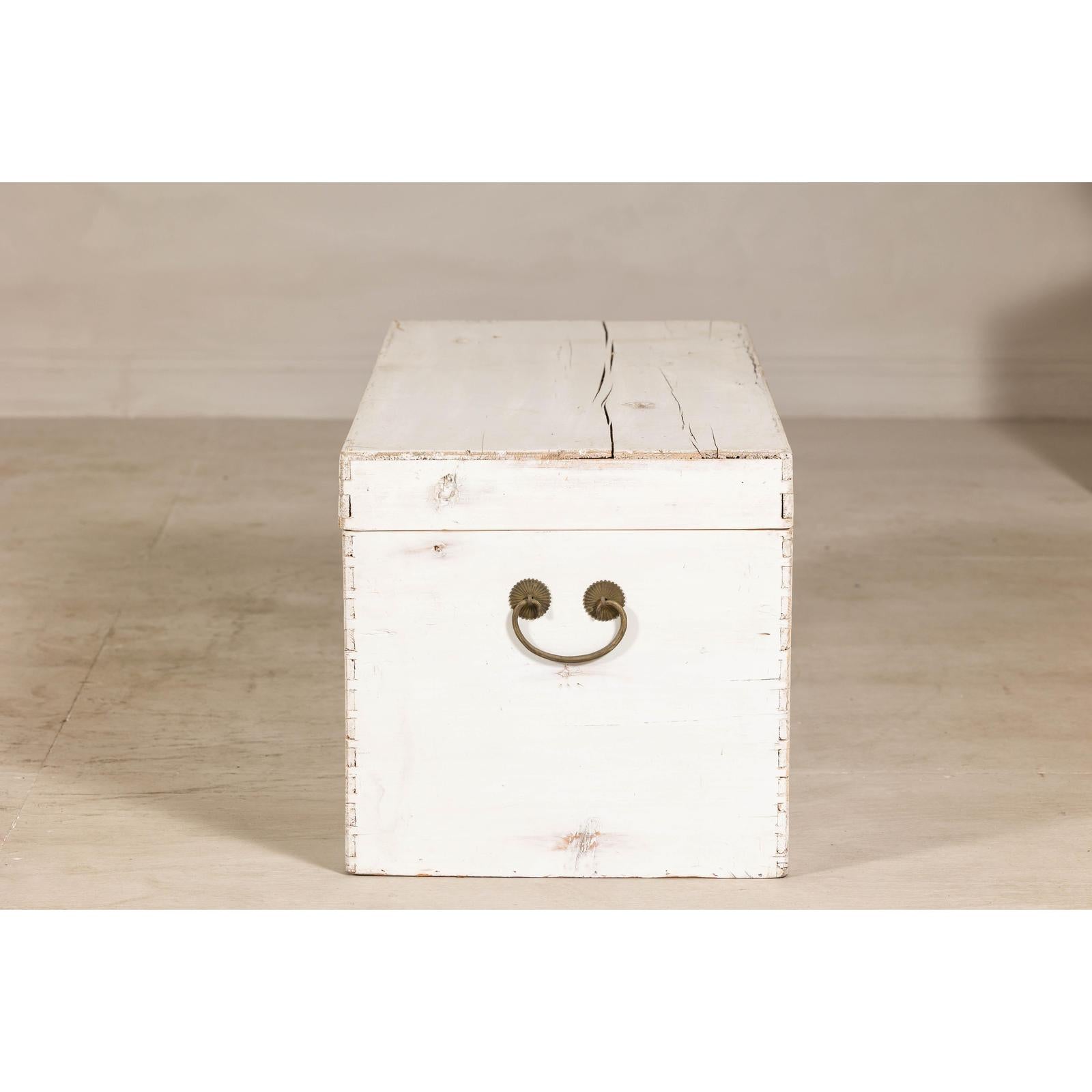 Midcentury Whitewashed Blanket Chest with Brass Hardware and Storage