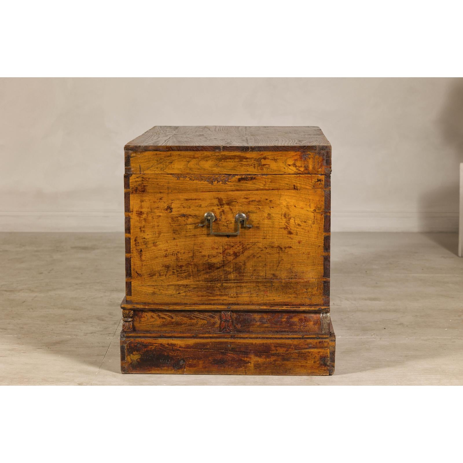 Large Late Qing Dynasty Elm Blanket Chest with Brass Hardware and Warm Patina