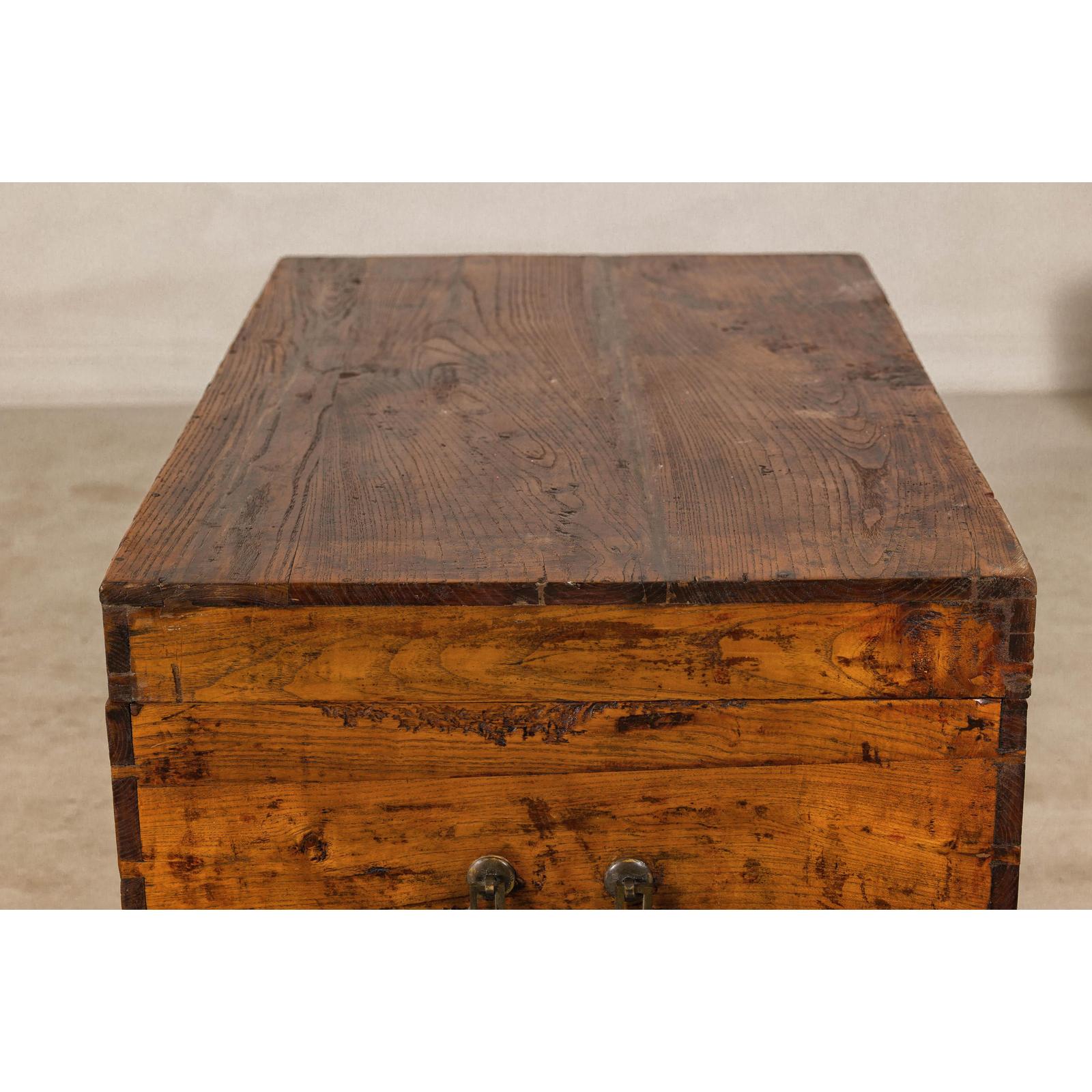 Large Late Qing Dynasty Elm Blanket Chest with Brass Hardware and Warm Patina