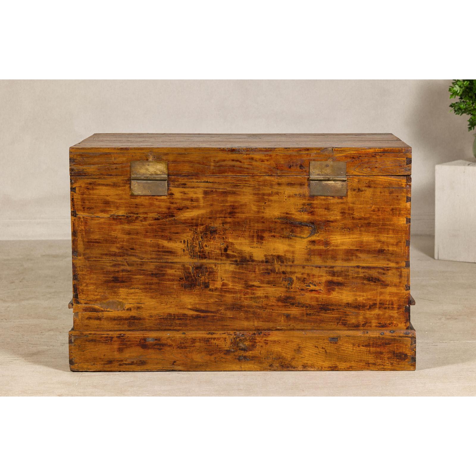 Large Late Qing Dynasty Elm Blanket Chest with Brass Hardware and Warm Patina