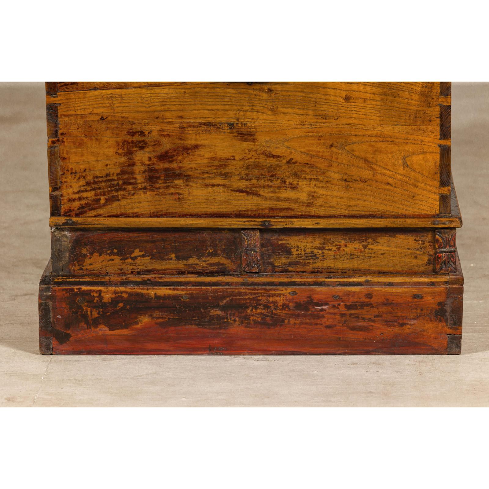 Large Late Qing Dynasty Elm Blanket Chest with Brass Hardware and Warm Patina