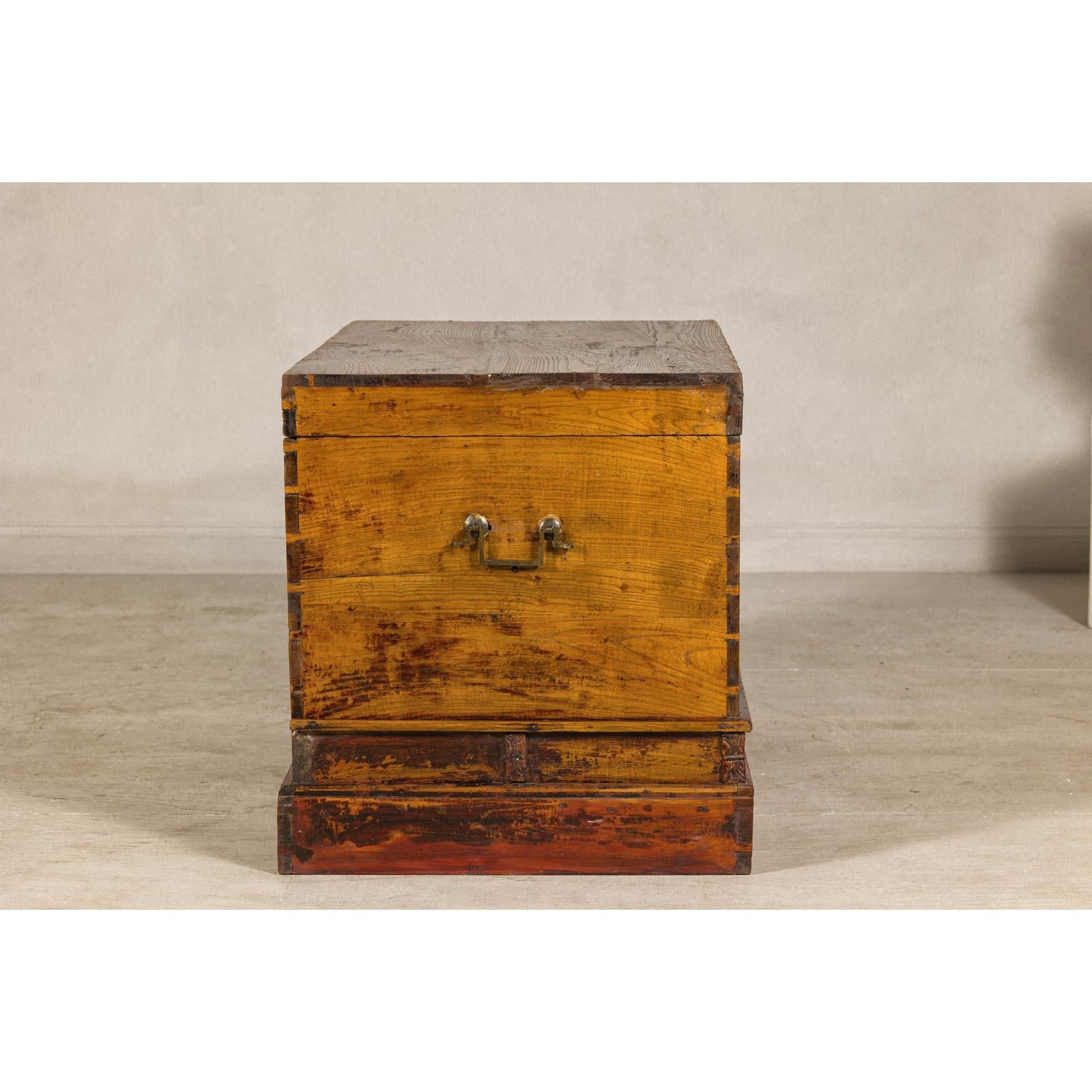 Large Late Qing Dynasty Elm Blanket Chest with Brass Hardware and Warm Patina
