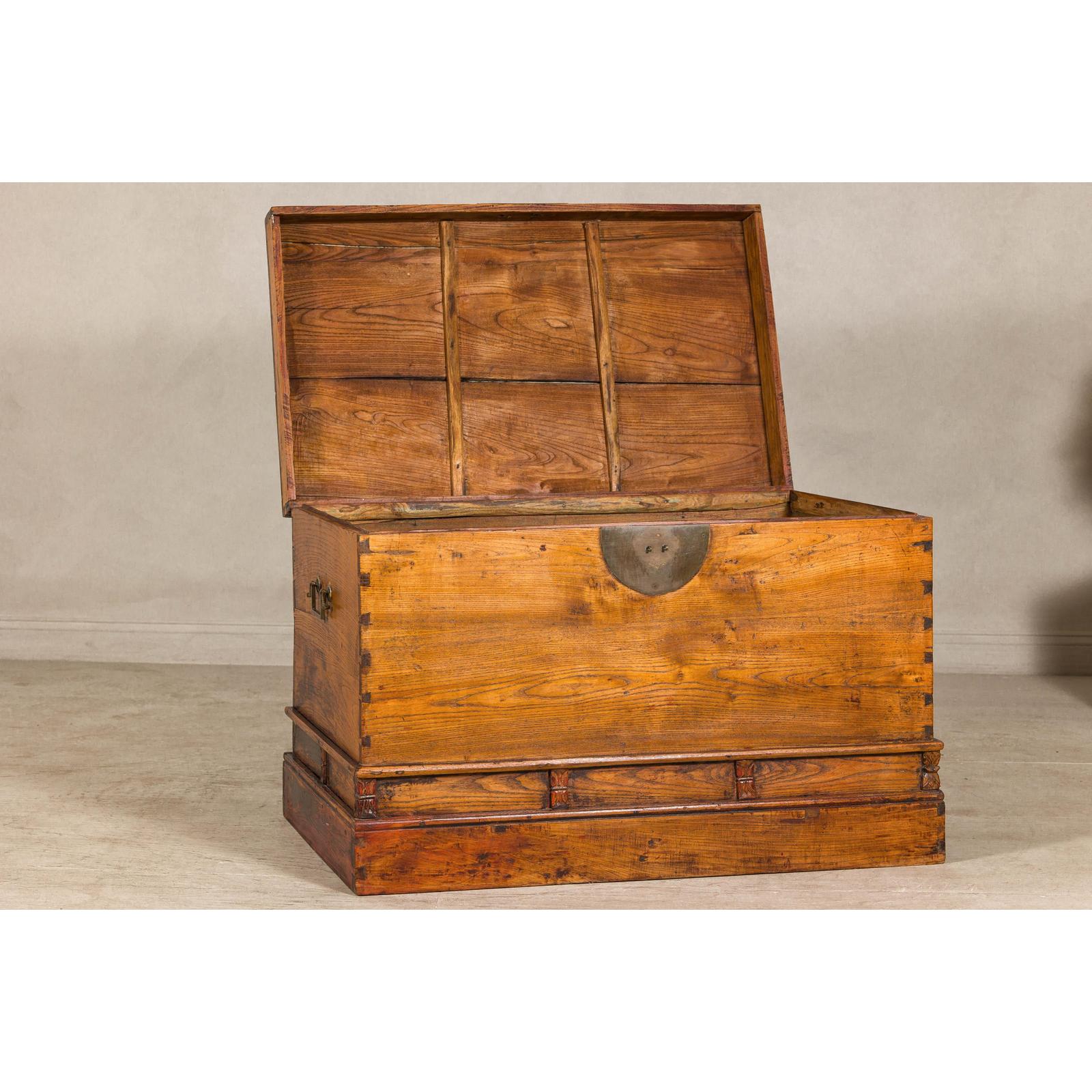 Large Late Qing Dynasty Elm Blanket Chest with Brass Hardware and Warm Patina
