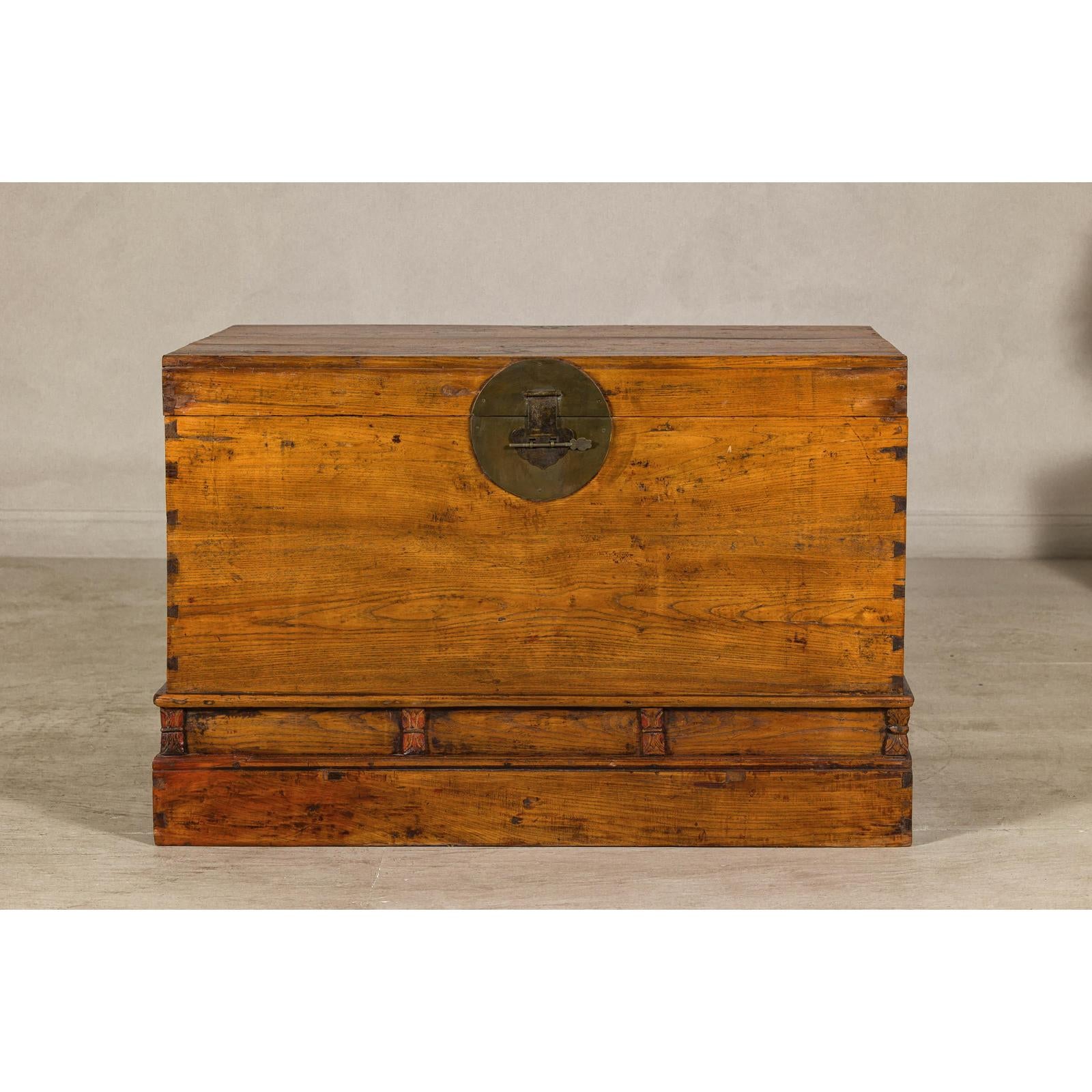 Large Late Qing Dynasty Elm Blanket Chest with Brass Hardware and Warm Patina