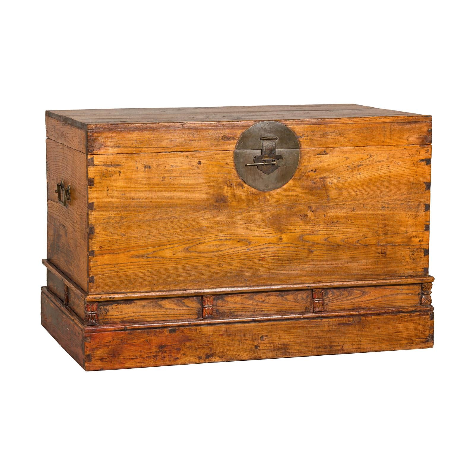 Large Late Qing Dynasty Elm Blanket Chest with Brass Hardware and Warm Patina