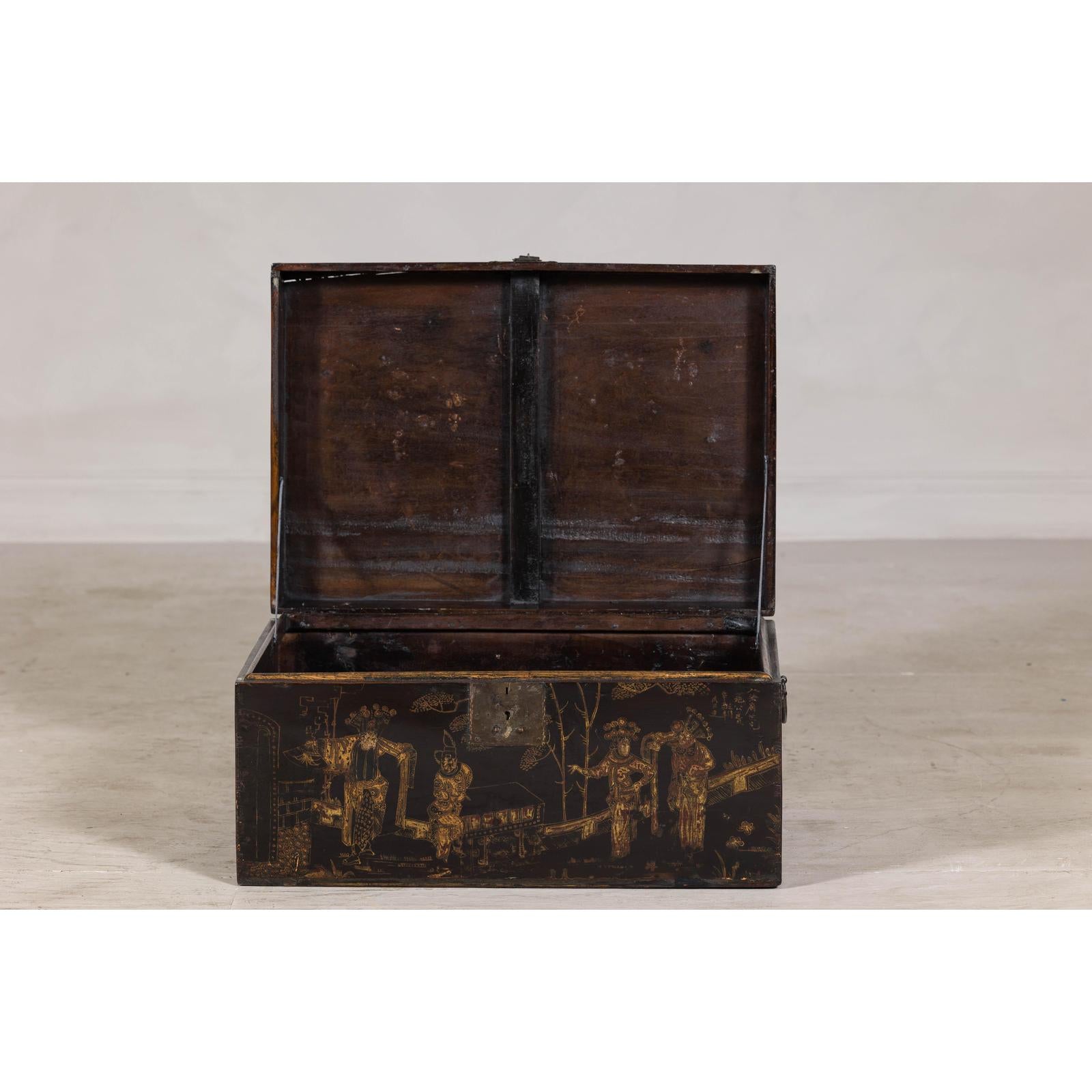 Hand-Painted Black and Gold Lacquer Trunk with Court Scene, Late Qing Dynasty